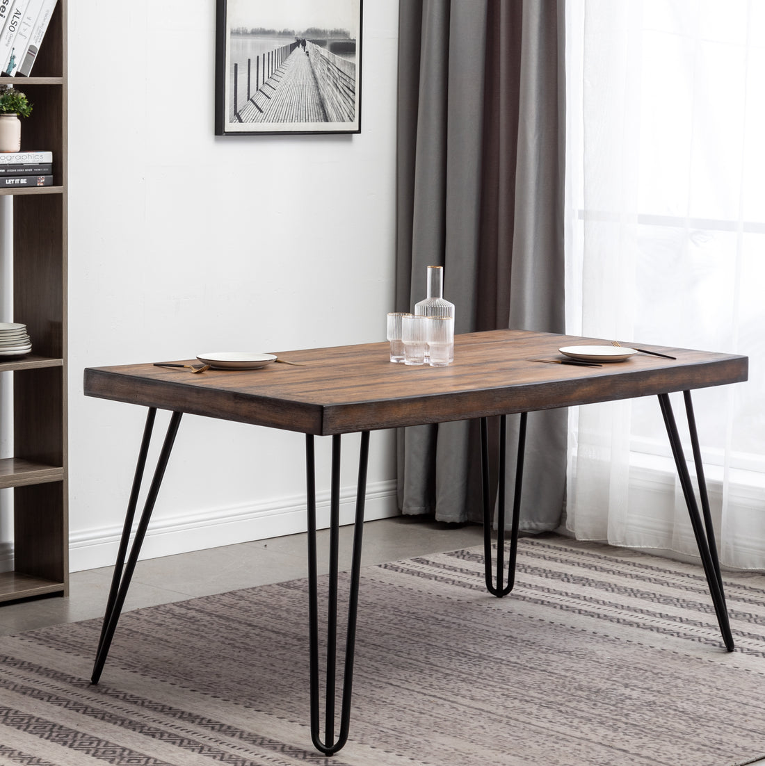 Aryven Industrial Metal Hairpin Design Dining Table, Rustic Dark Pine Brown Mdf Metal
