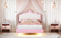 Twin Size Upholstered Princess Bed With Crown Headboard,Twin Size Platform Bed With Headboard And Footboard With Light Strips,Golden Metal Legs, White Pink Pink Pu