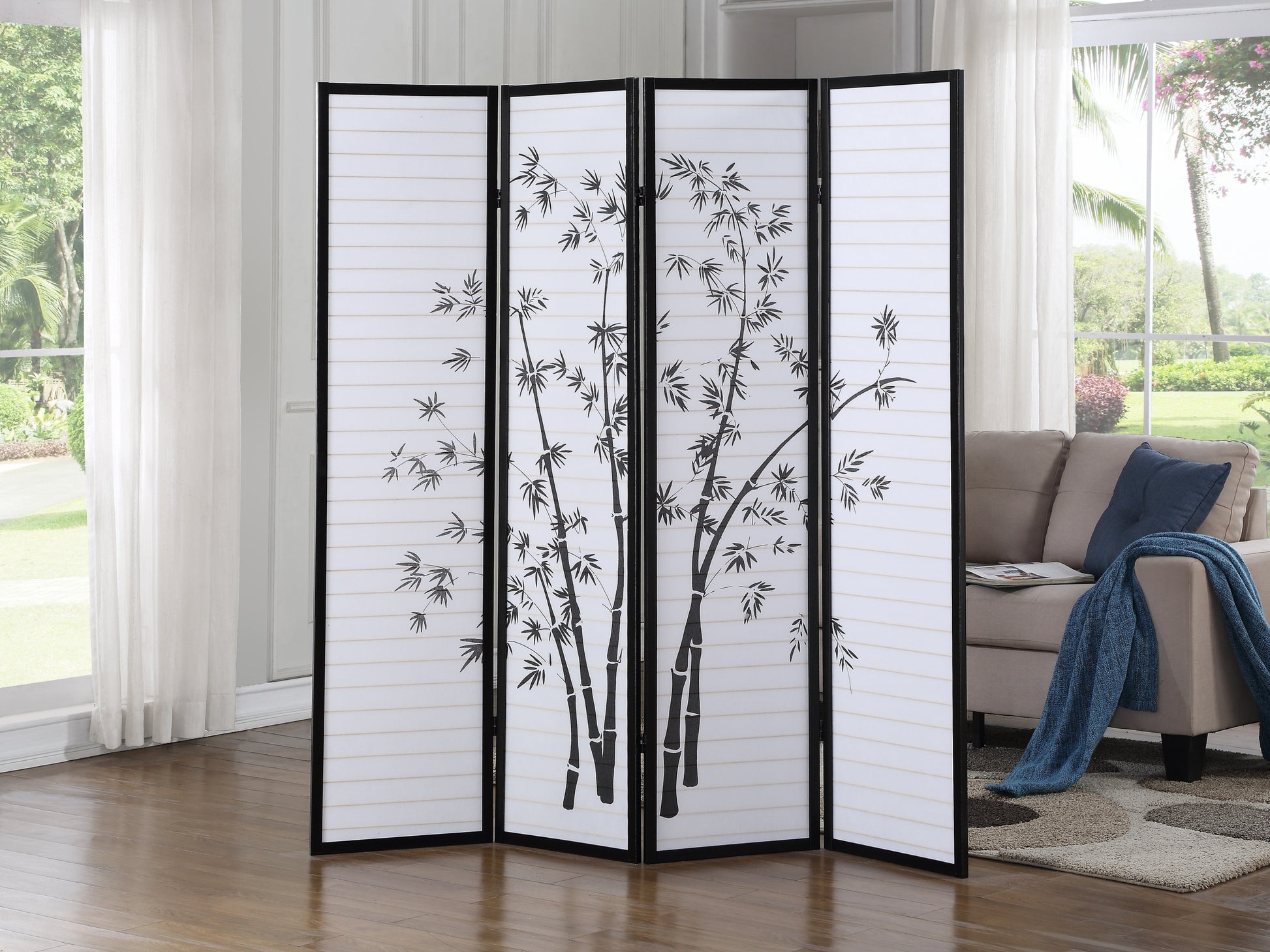 Bamboo Print 4 Panel Framed Room Screen Divider, Black Black Wood Paper
