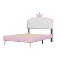 Twin Size Upholstered Princess Bed With Crown Headboard,Twin Size Platform Bed With Headboard And Footboard With Light Strips,Golden Metal Legs, White Pink Pink Pu