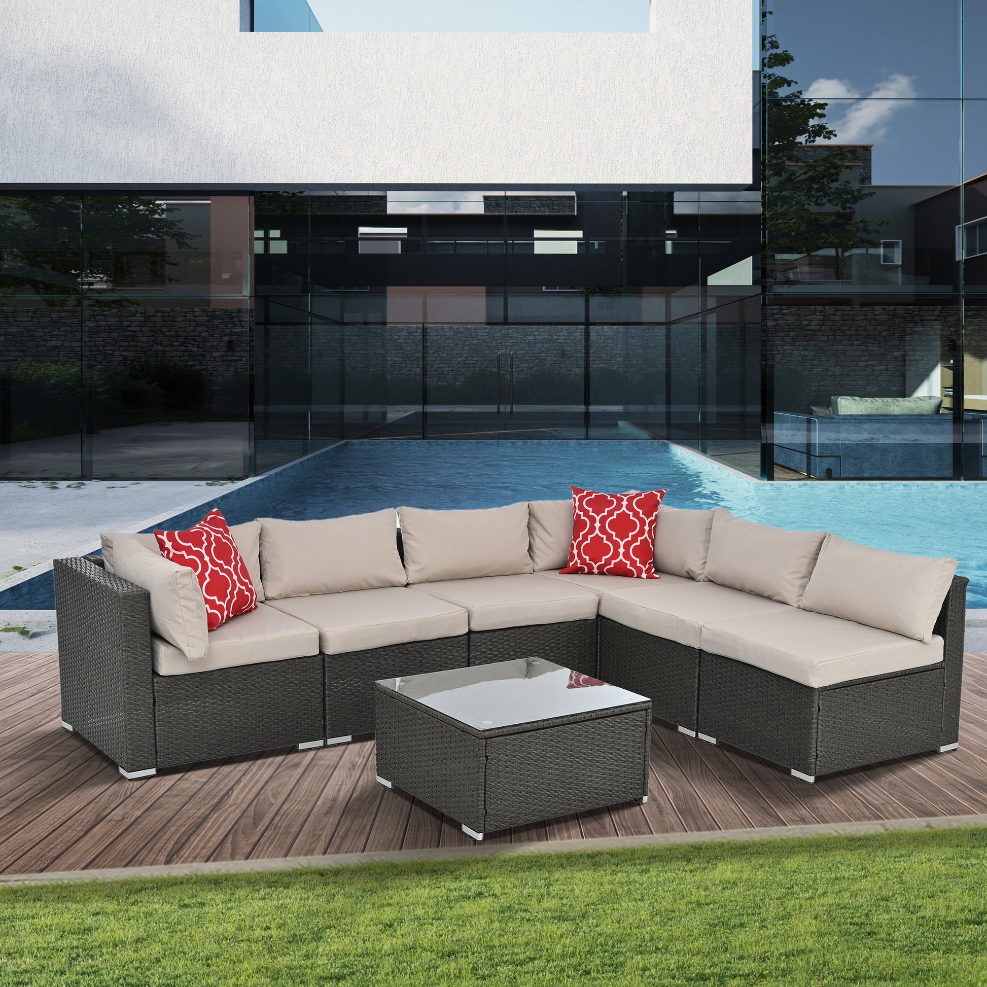 Patio Furniture Sets Yes Dark Gray Seats 6 Pe Rattan Iron Waterproof Fabric