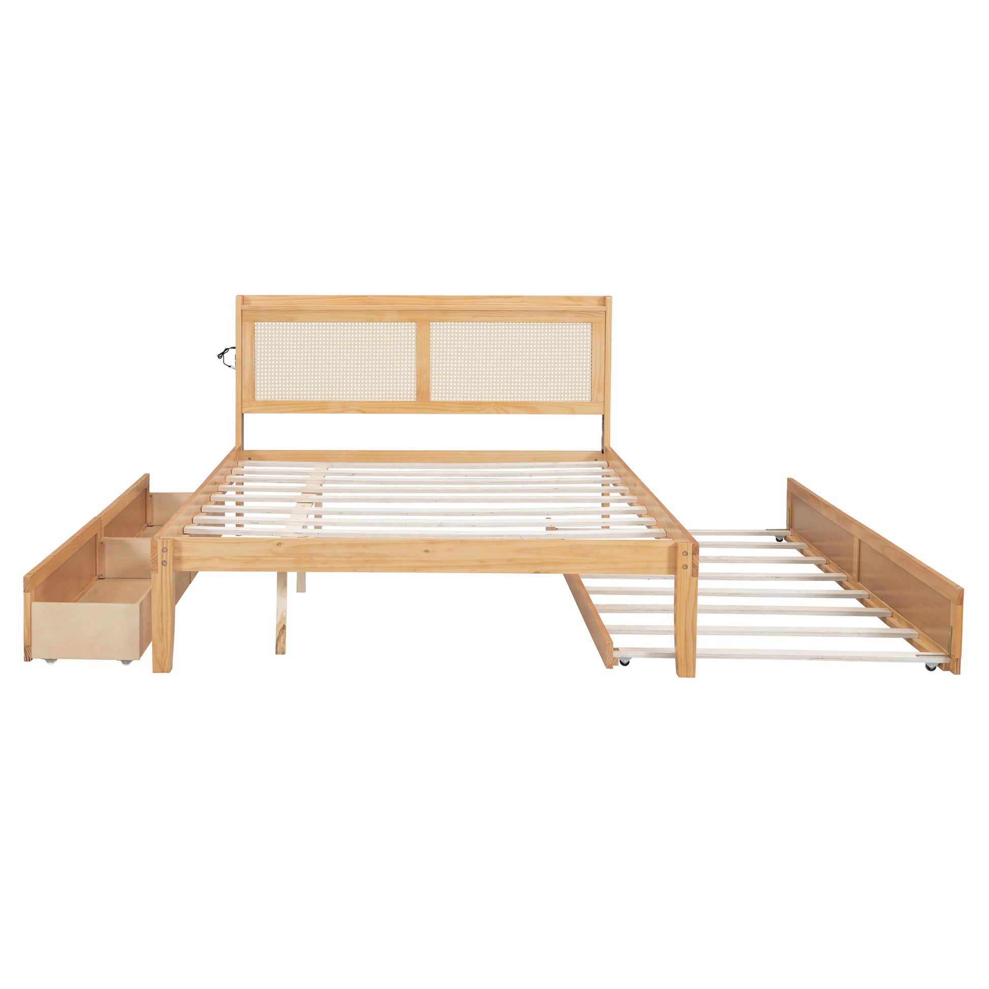 Queen Size Elegant Bed Frame With Rattan Headboard And Sockets ,Natural Twin Natural Rattan