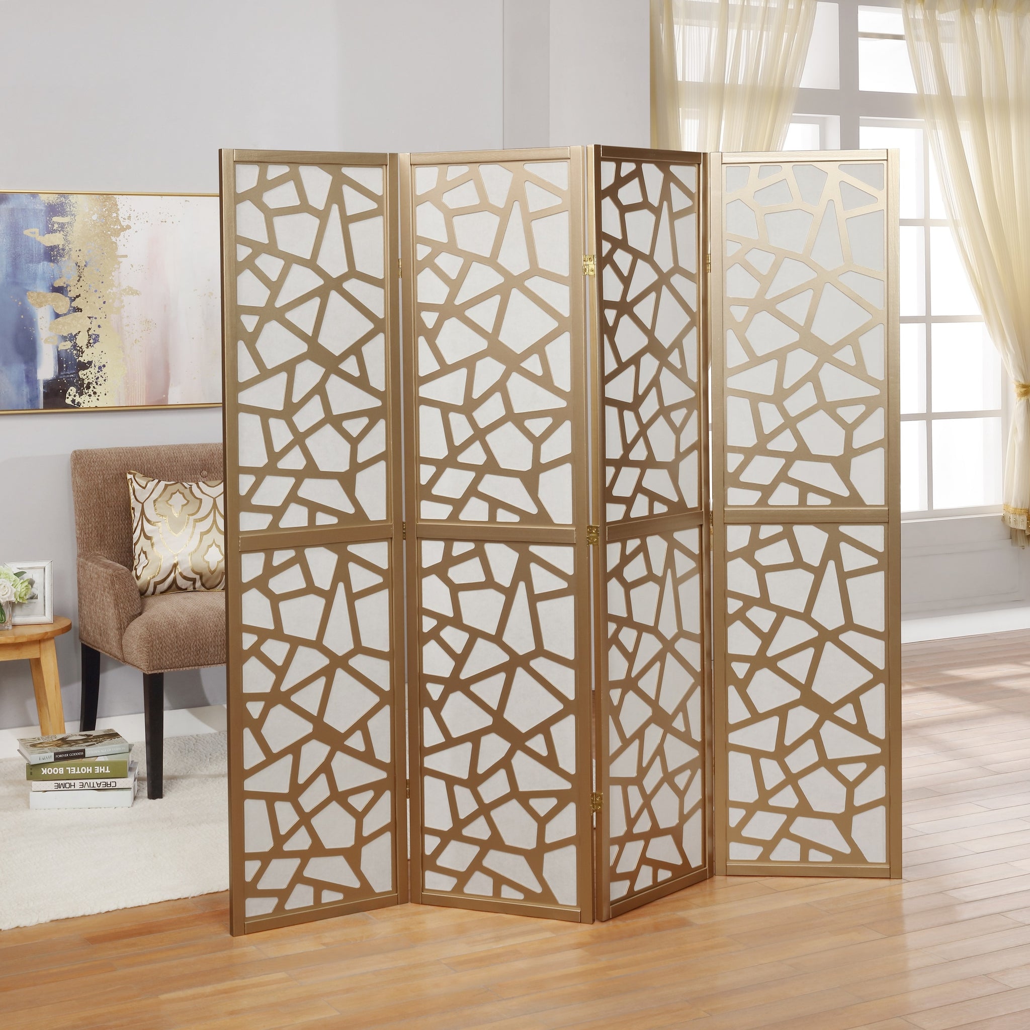 Giyano 4 Panel Screen Room Divider, Gold Gold Wood Paper
