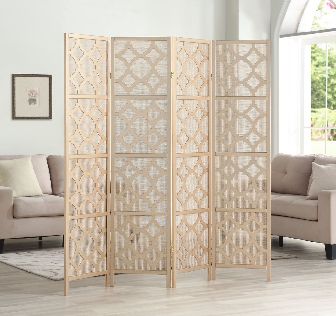 Quarterfoil Infused Diamond Design 4 Panel Room Divider, Gold Gold Wood Paper