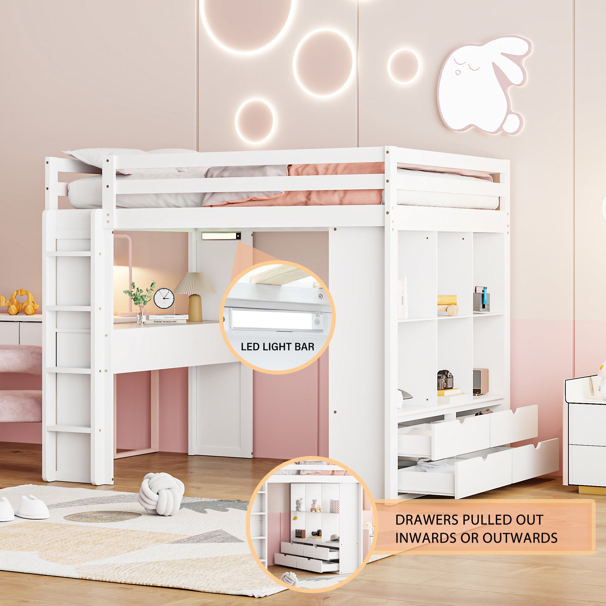 Full Size Loft Bed With Large Shelves, Writing Desk And Led Light, White White Solid Wood Mdf