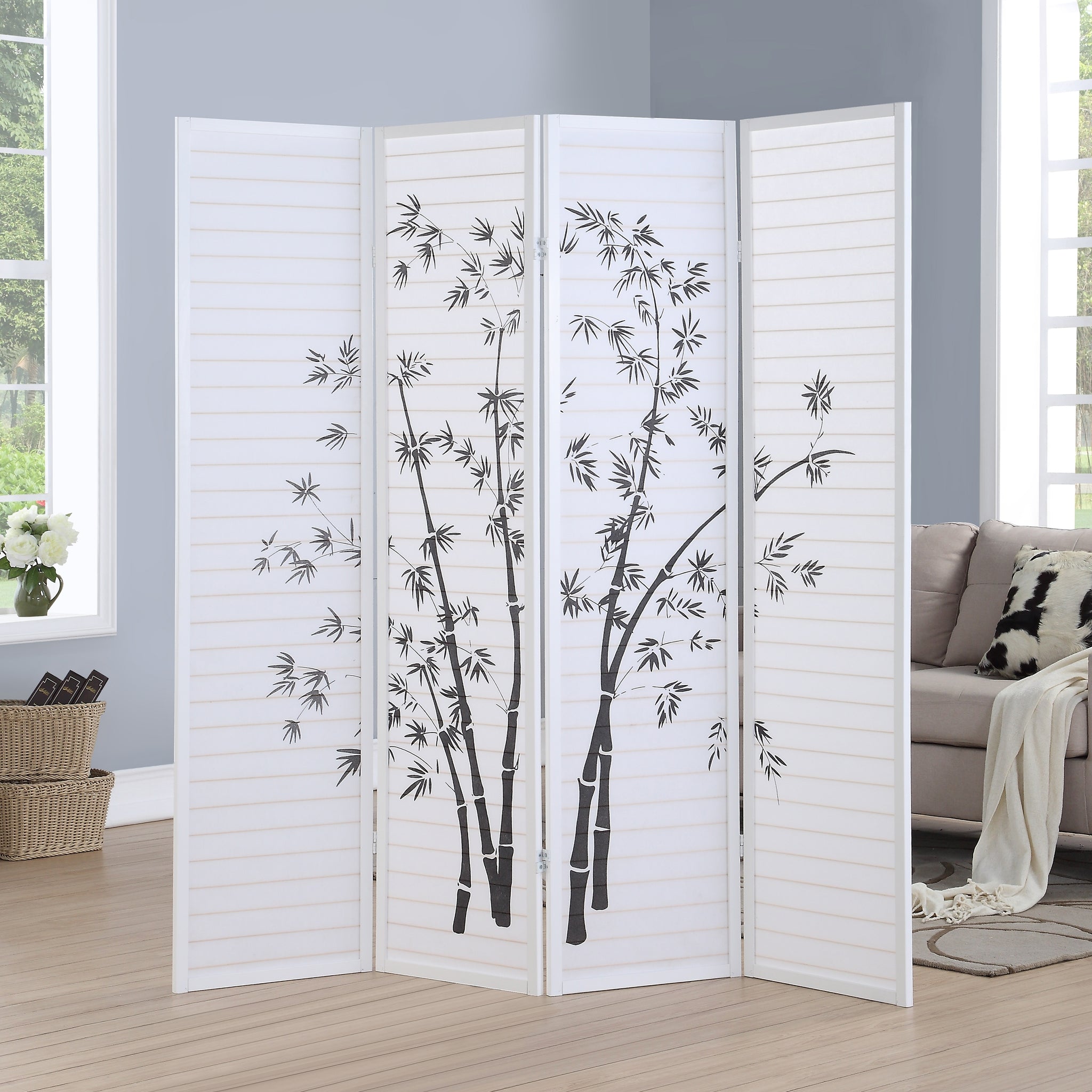 Bamboo Print 4 Panel Framed Room Screen Divider, White White Wood Paper