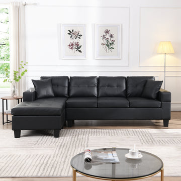 Sectional Sofa Set For Living Room With L Shape Chaise Lounge ,Cup Holder And Left Or Right Hand Chaise Modern 4 Seat Black Black Pu