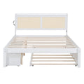 Queen Size Elegant Bed Frame With Rattan Headboard And Sockets ,White White Rattan