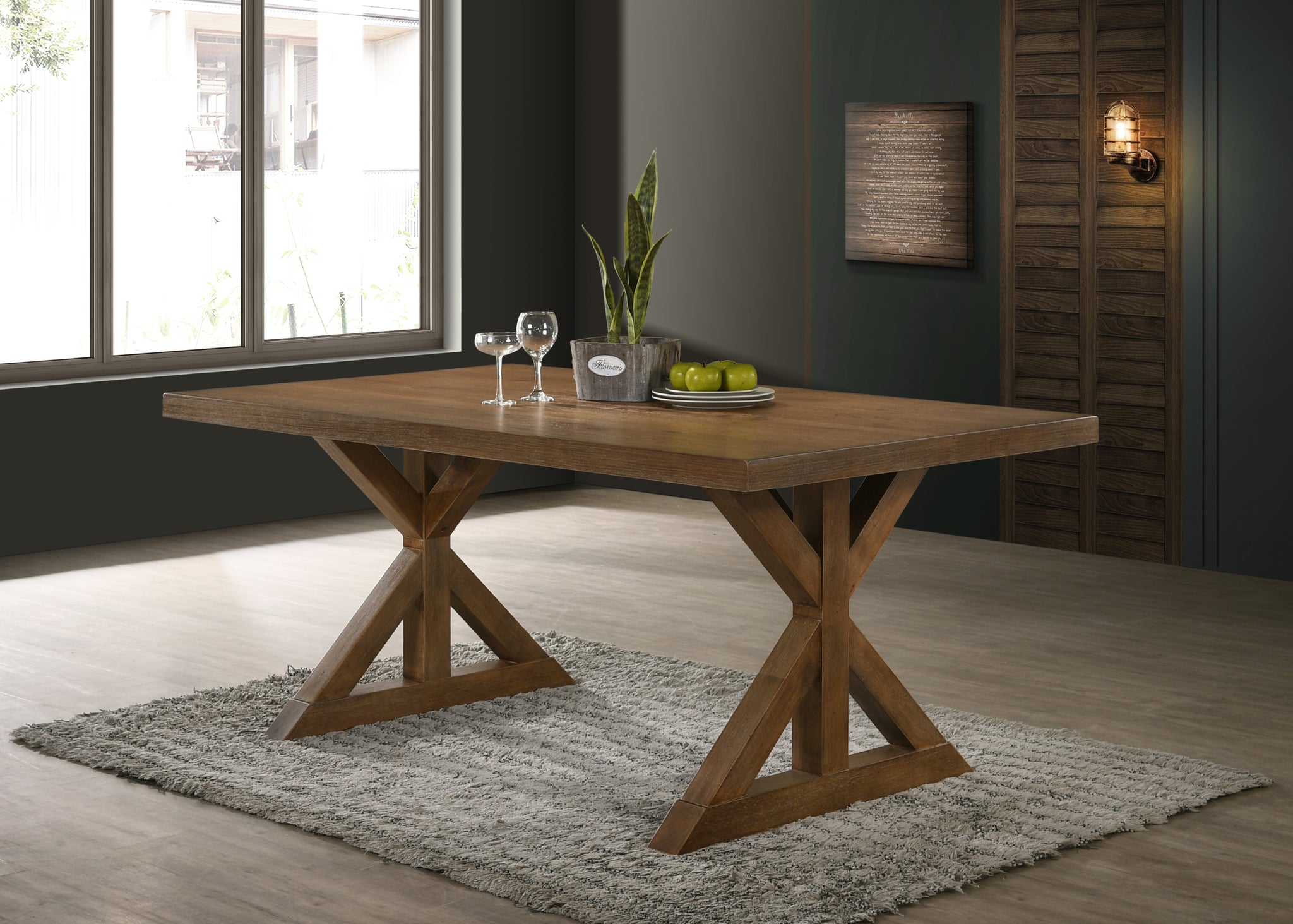 Enna Morden Farmhouse Wood Trestle Dining Table, Brushed Driftwood Finish Brown Wood