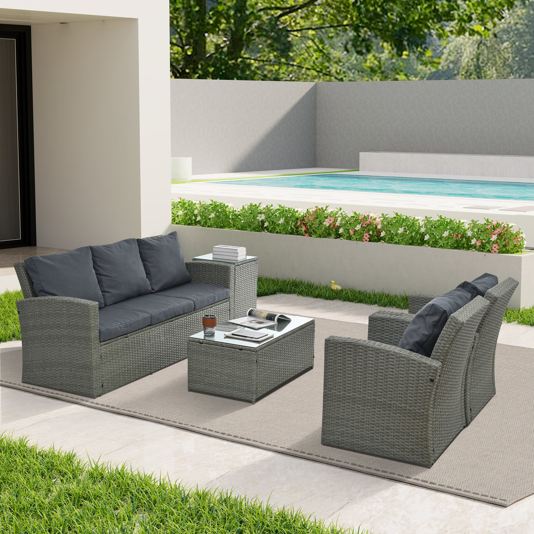 Patio Furniture, Outdoor Furniture, Seasonal Pe Wicker Furniture,5 Set Wicker Furniture With Tempered Glass Table Top Dark Gray Pe Rattan Iron Waterproof Fabric