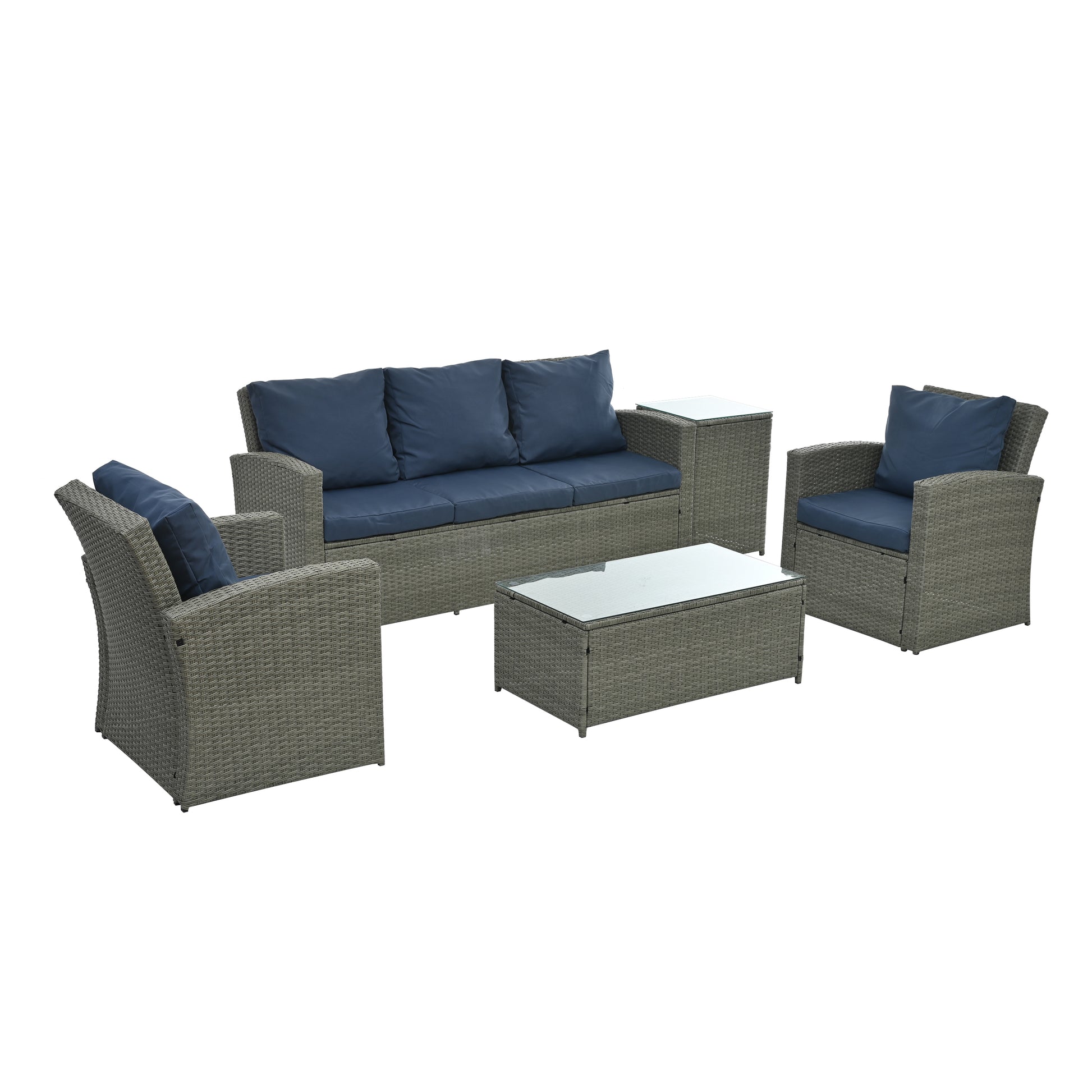 Patio Furniture, Outdoor Furniture, Seasonal Pe Wicker Furniture,5 Set Wicker Furniture With Tempered Glass Table Top Light Blue Pe Rattan Iron Waterproof Fabric