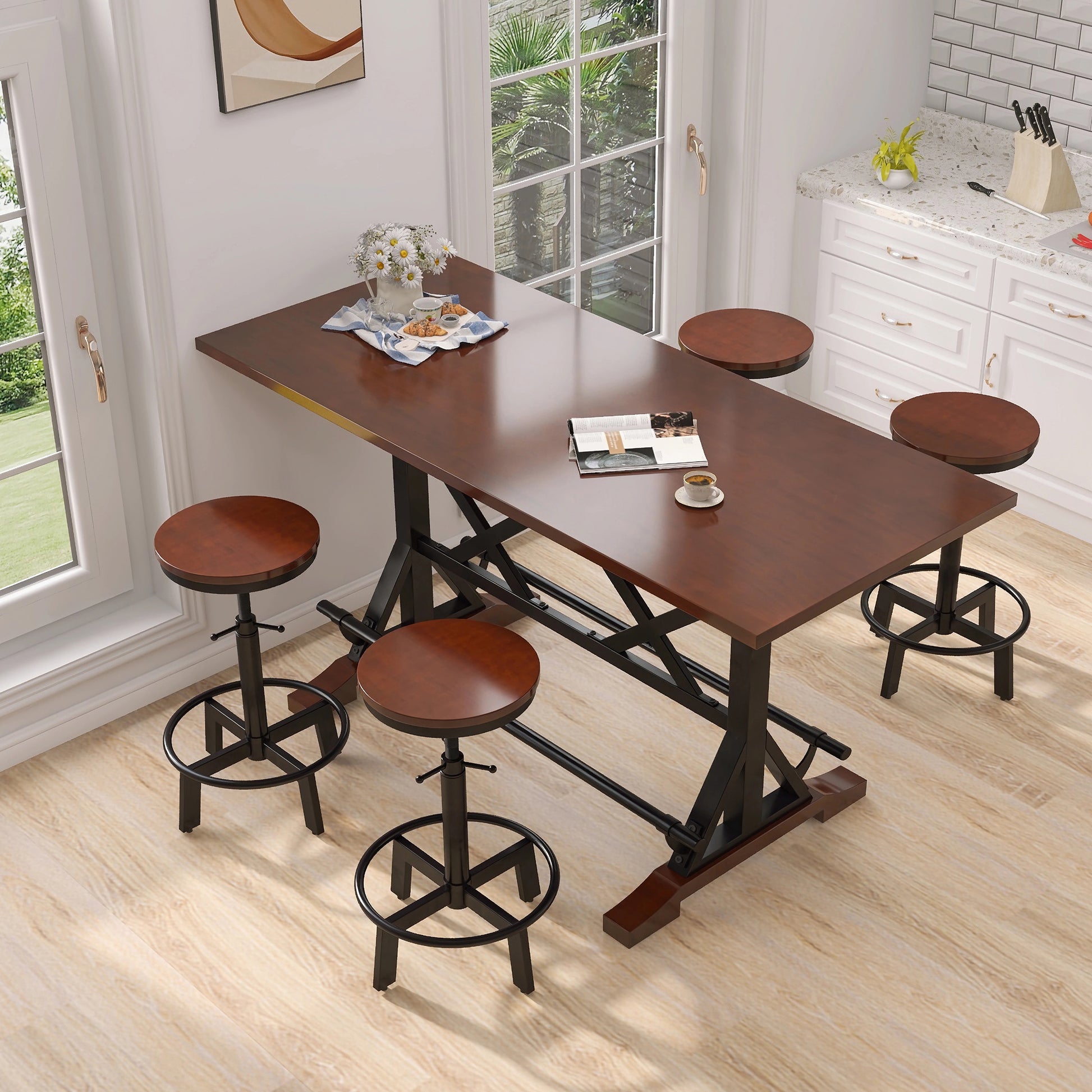 5 Piece Dining Table Set, 59" Wooden Sofa Side Table With Stabilizing Base, Rustic Brown Industrial Adjustable Height Chairs, Modern Bar Table And Chairs For Living Room, Dining Room, And Space Saving Metal Espresso Wood Classic Rectangular Solid Wood