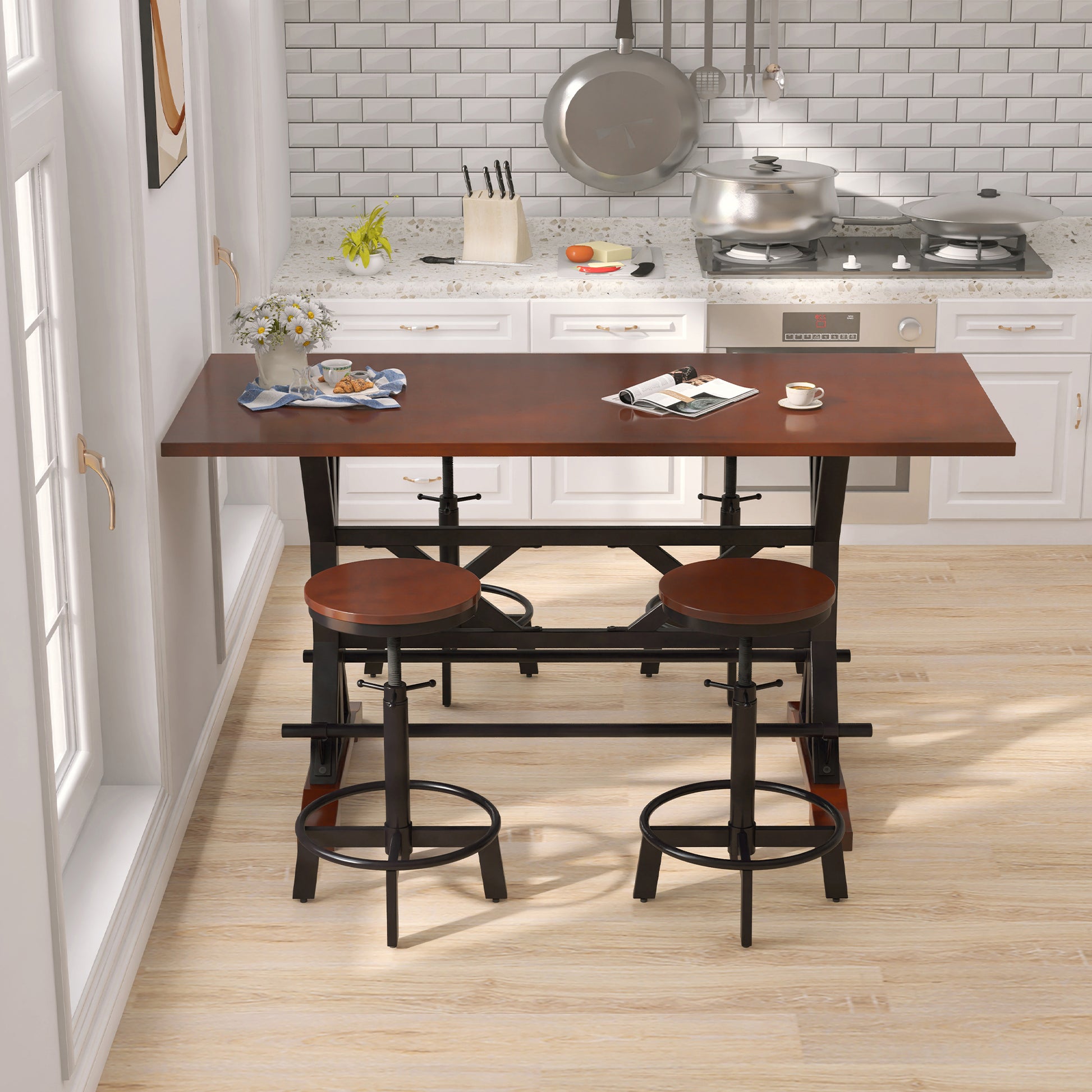 5 Piece Dining Table Set, 59" Wooden Sofa Side Table With Stabilizing Base, Rustic Brown Industrial Adjustable Height Chairs, Modern Bar Table And Chairs For Living Room, Dining Room, And Space Saving Metal Espresso Wood Classic Rectangular Solid Wood