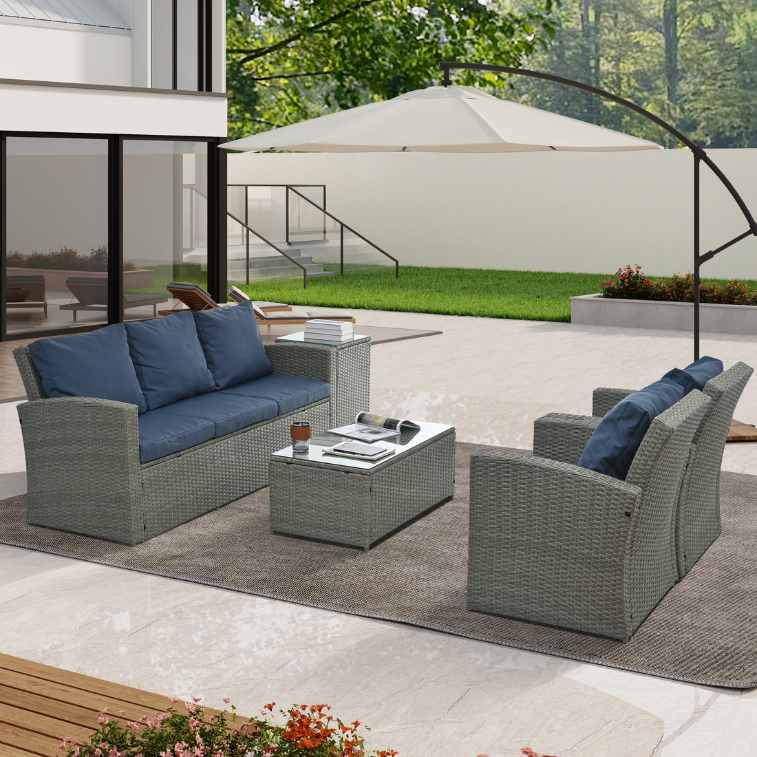 Patio Furniture, Outdoor Furniture, Seasonal Pe Wicker Furniture,5 Set Wicker Furniture With Tempered Glass Table Top Light Blue Pe Rattan Iron Waterproof Fabric
