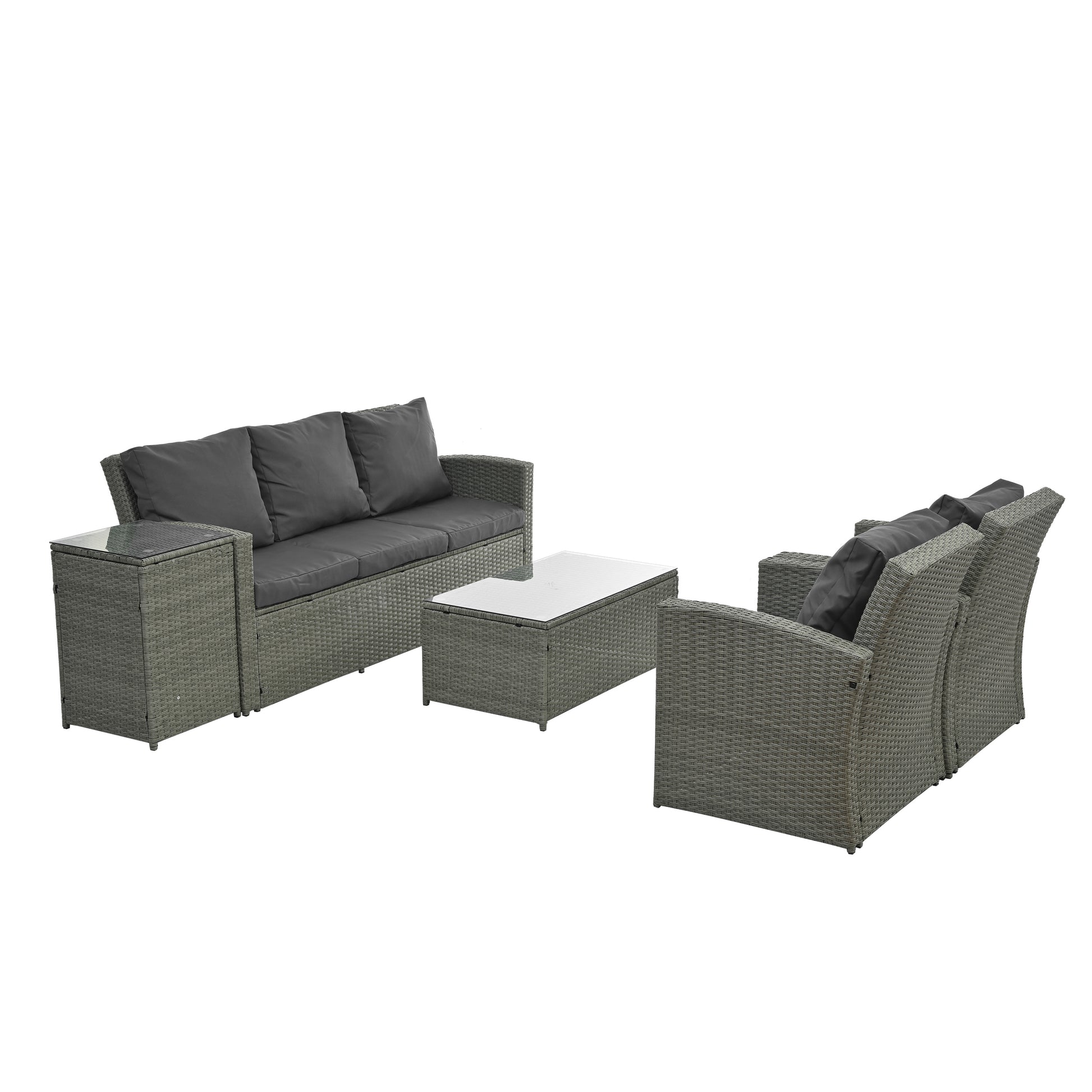 Patio Furniture, Outdoor Furniture, Seasonal Pe Wicker Furniture,5 Set Wicker Furniture With Tempered Glass Table Top Dark Gray Pe Rattan Iron Waterproof Fabric