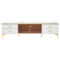 Stylish Led Tv Stand With Marble Veined Table Top For Tvs Up To 78'', Entertainment Center With Brown Glass Storage Cabinet, Golden Legs & Handles For Living Room, White Gold White Primary Living Space 70 79 Inches 70 79 Inches Particle Board