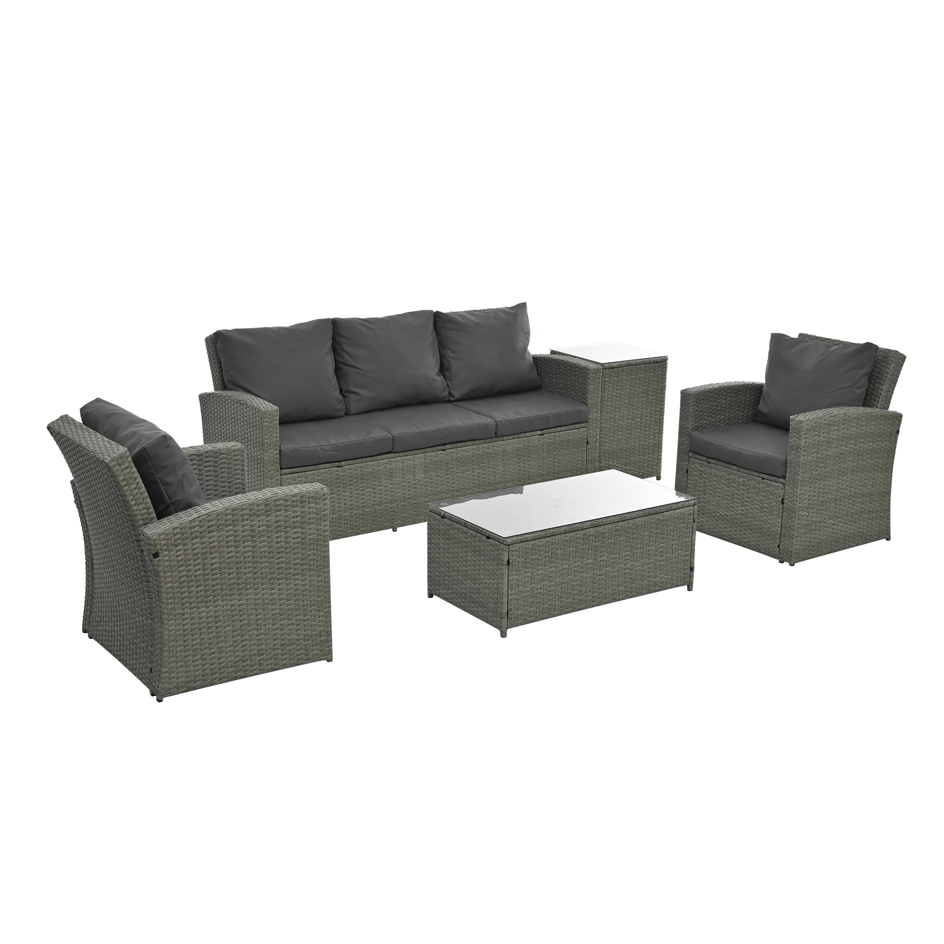 Patio Furniture, Outdoor Furniture, Seasonal Pe Wicker Furniture,5 Set Wicker Furniture With Tempered Glass Table Top Dark Gray Pe Rattan Iron Waterproof Fabric