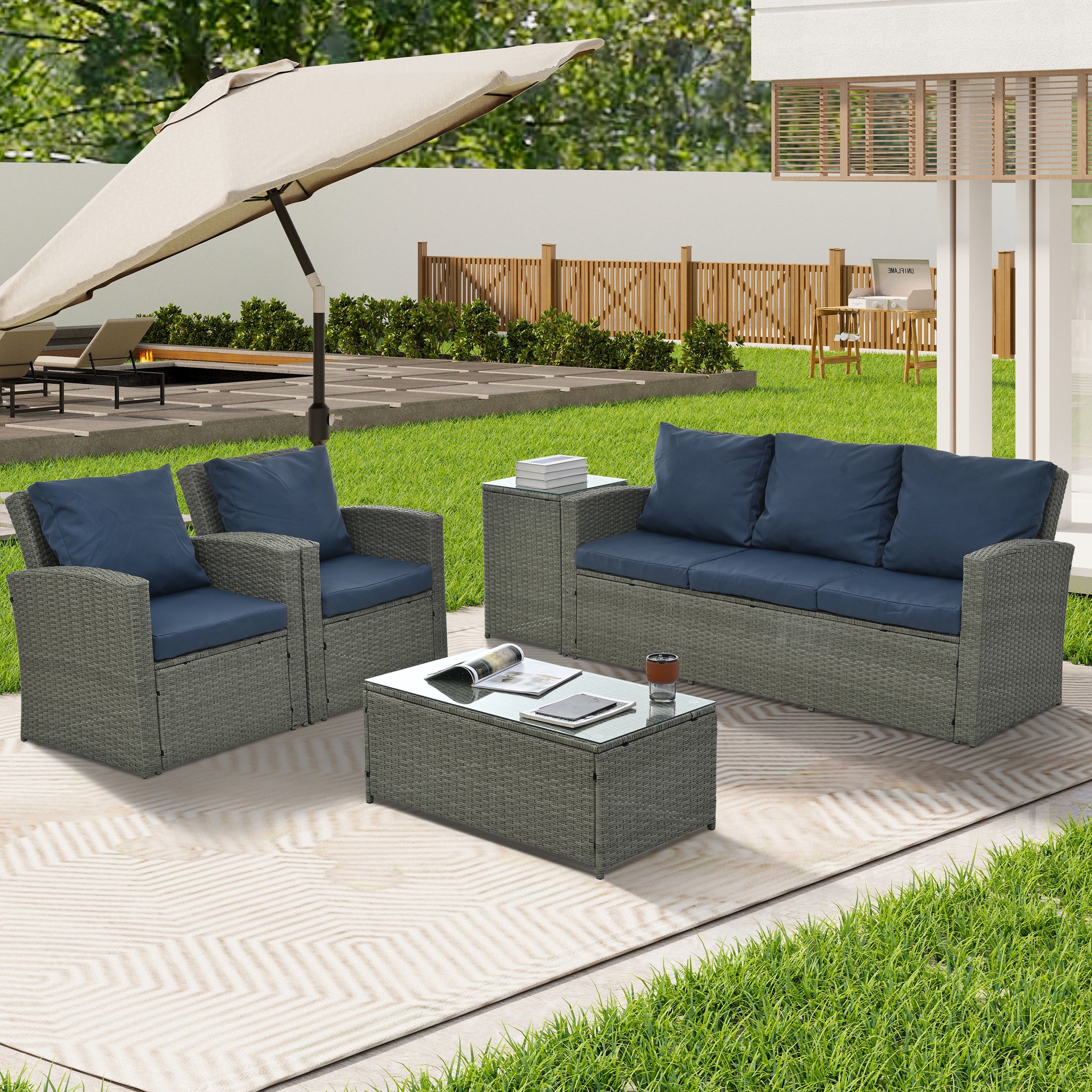 Patio Furniture, Outdoor Furniture, Seasonal Pe Wicker Furniture,5 Set Wicker Furniture With Tempered Glass Table Top Light Blue Pe Rattan Iron Waterproof Fabric