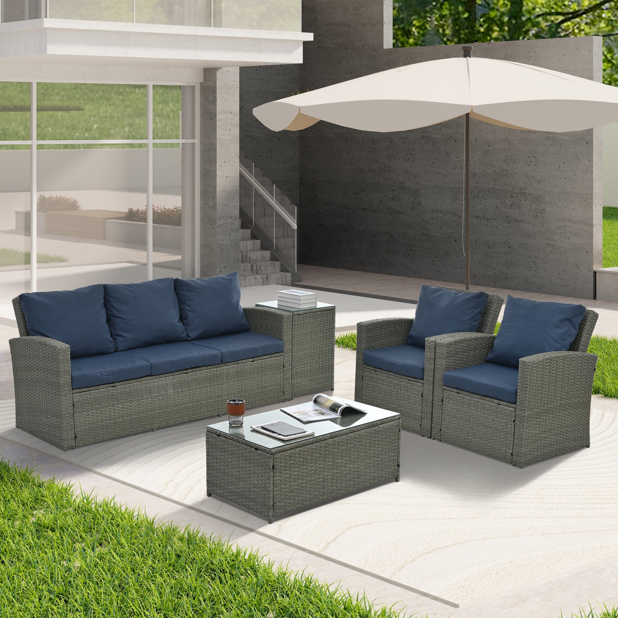 Patio Furniture, Outdoor Furniture, Seasonal Pe Wicker Furniture,5 Set Wicker Furniture With Tempered Glass Table Top Light Blue Pe Rattan Iron Waterproof Fabric