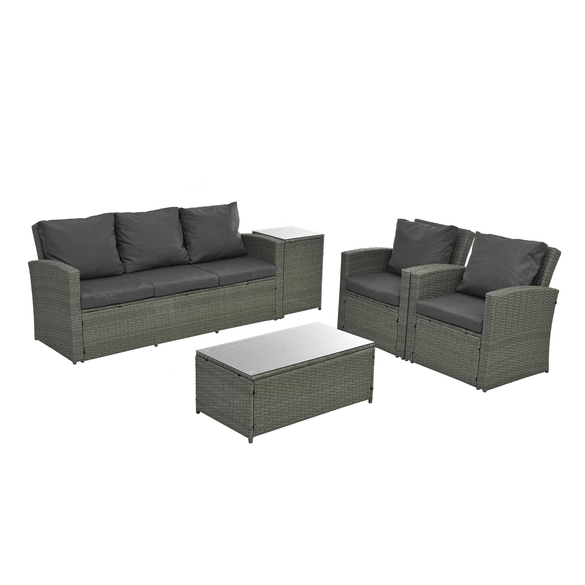 Patio Furniture, Outdoor Furniture, Seasonal Pe Wicker Furniture,5 Set Wicker Furniture With Tempered Glass Table Top Dark Gray Pe Rattan Iron Waterproof Fabric