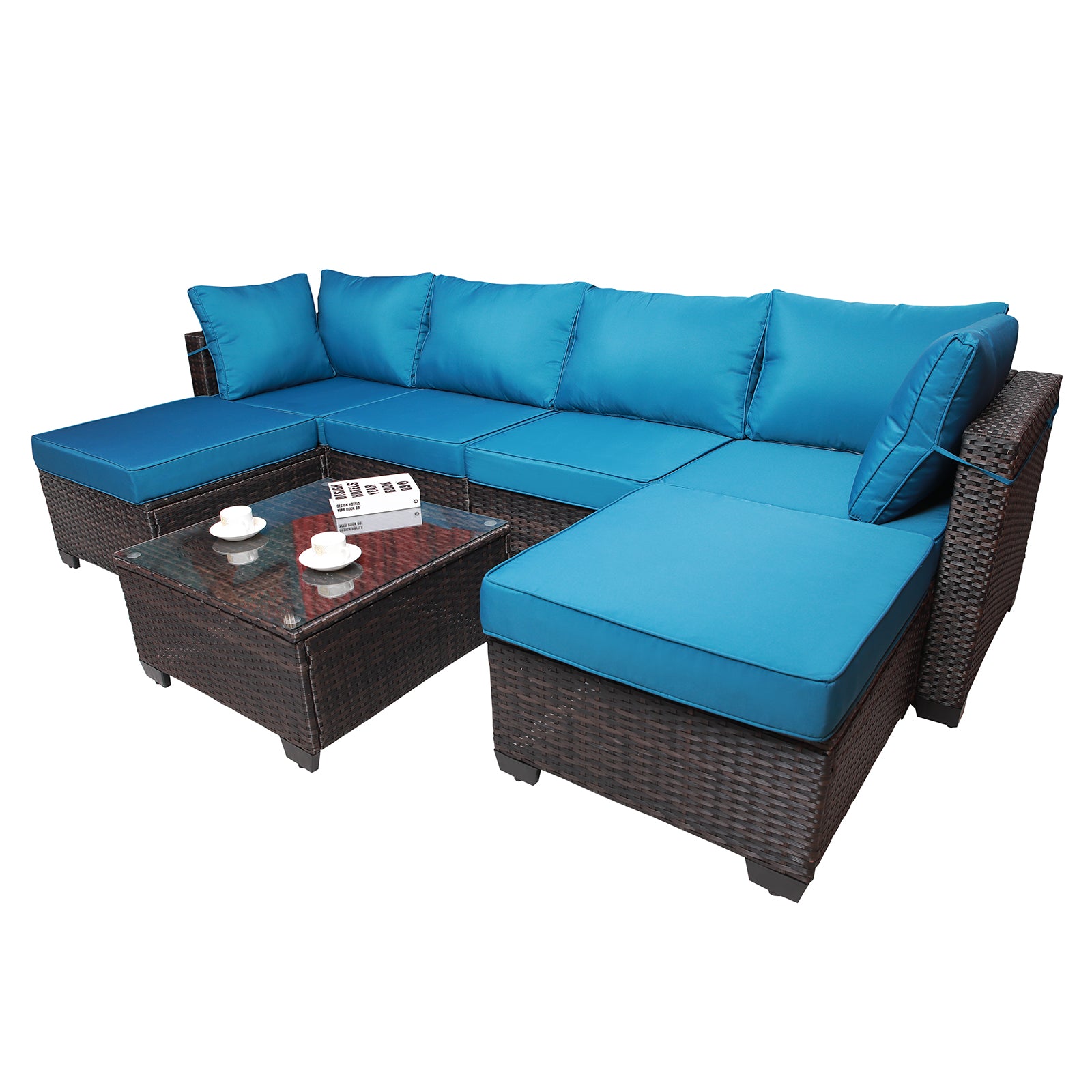 Outdoor Garden Patio Furniture 7 Piece Pe Rattan Wicker Cushioned Sofa Sets And Coffee Table, Patio Furniture Set Outdoor Couch Outdoor Couch Patio Furniture Outdoor Sofa Patio Couch Yes Complete Patio Set Brown Blue Rust Resistant Frame Water Resistant