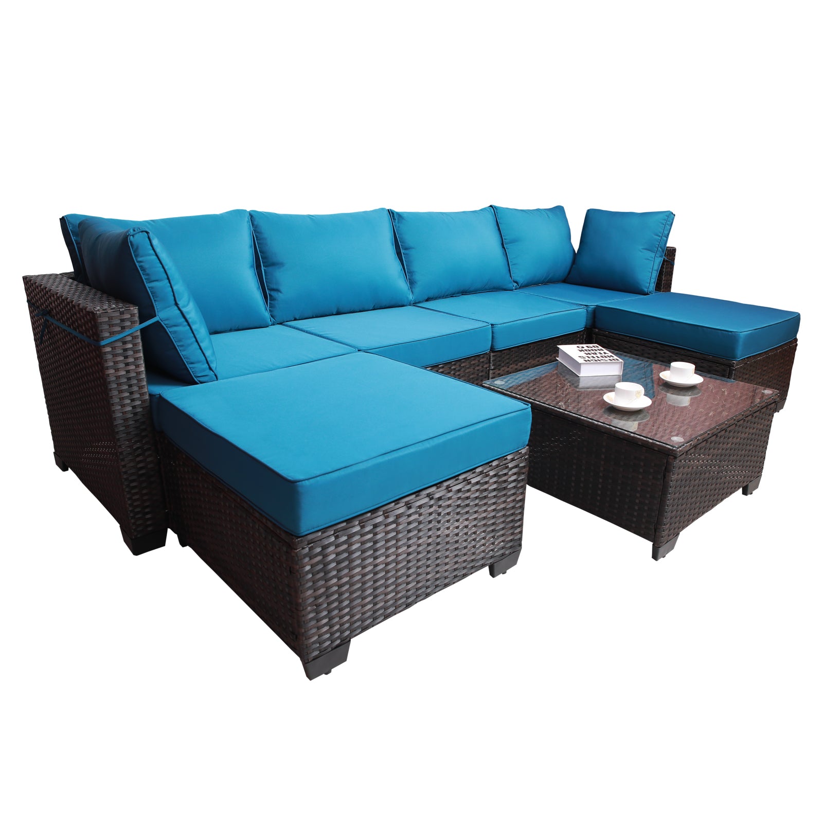 Outdoor Garden Patio Furniture 7 Piece Pe Rattan Wicker Cushioned Sofa Sets And Coffee Table, Patio Furniture Set Outdoor Couch Outdoor Couch Patio Furniture Outdoor Sofa Patio Couch Yes Complete Patio Set Brown Blue Rust Resistant Frame Water Resistant