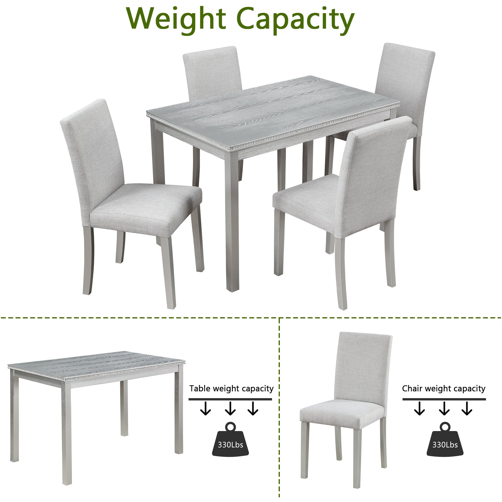 5 Piece Wooden Dining Table Set, Kitchen Table Set With A Rectangular Table And 4 Upholstered Chairs, Wooden Dining Room Table With Crystal Decoration And Chairs Set, Silver Grey Beige Silver Gray Seats 4 Dining Room Rectangular 4 Leg Rectangular Dining