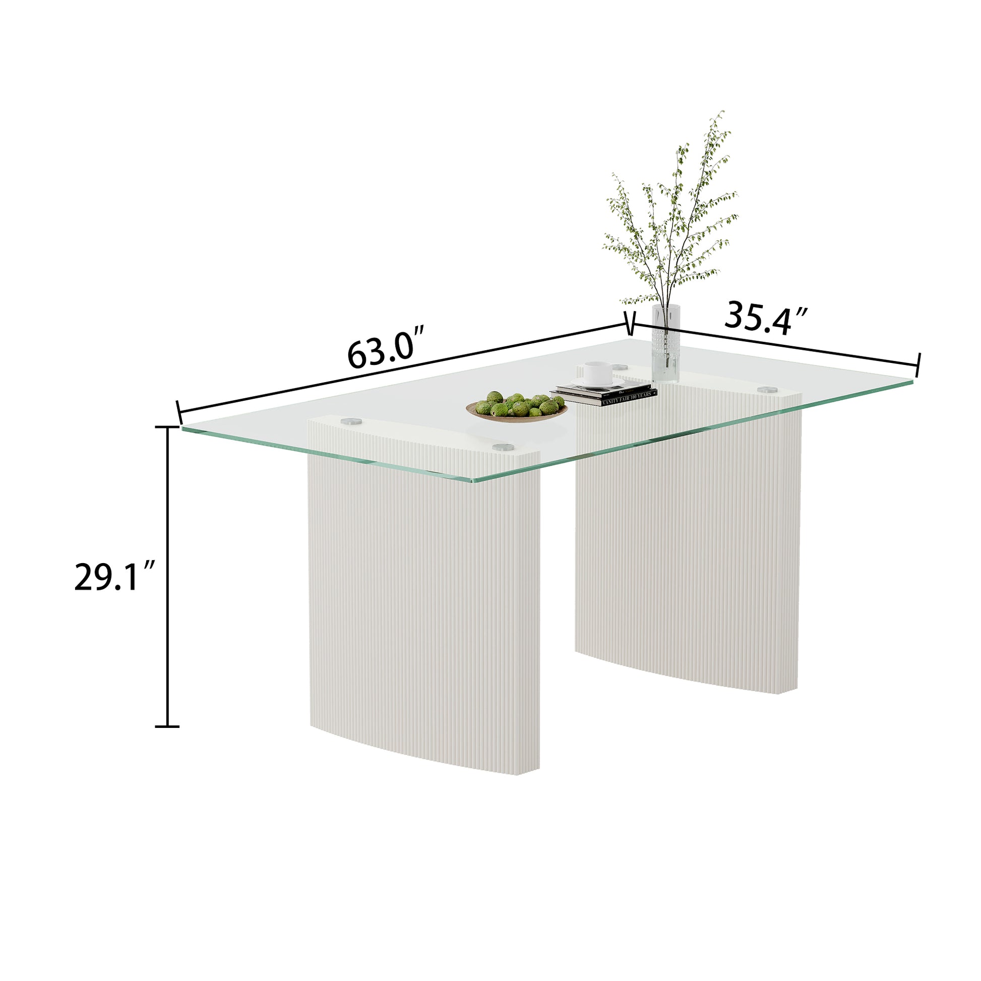 0.39" Thick Tempered Glass Top Dining Table With White Lacquer Double Mdf Pillar Transparent Mdf Glass