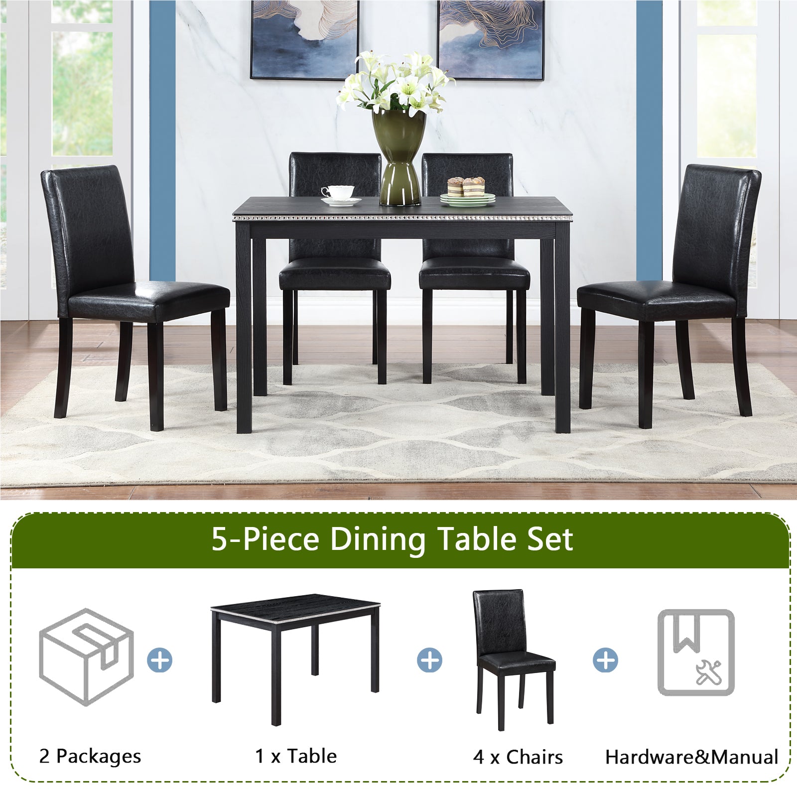 5 Piece Wooden Dining Table Set, Kitchen Table Set With A Rectangular Table And 4 Upholstered Chairs, Wooden Dining Room Table With Crystal Decoration And Chairs Set For Kitchen, Dining Room, Black Black Seats 4 Dining Room Rectangular 4 Leg Rectangular