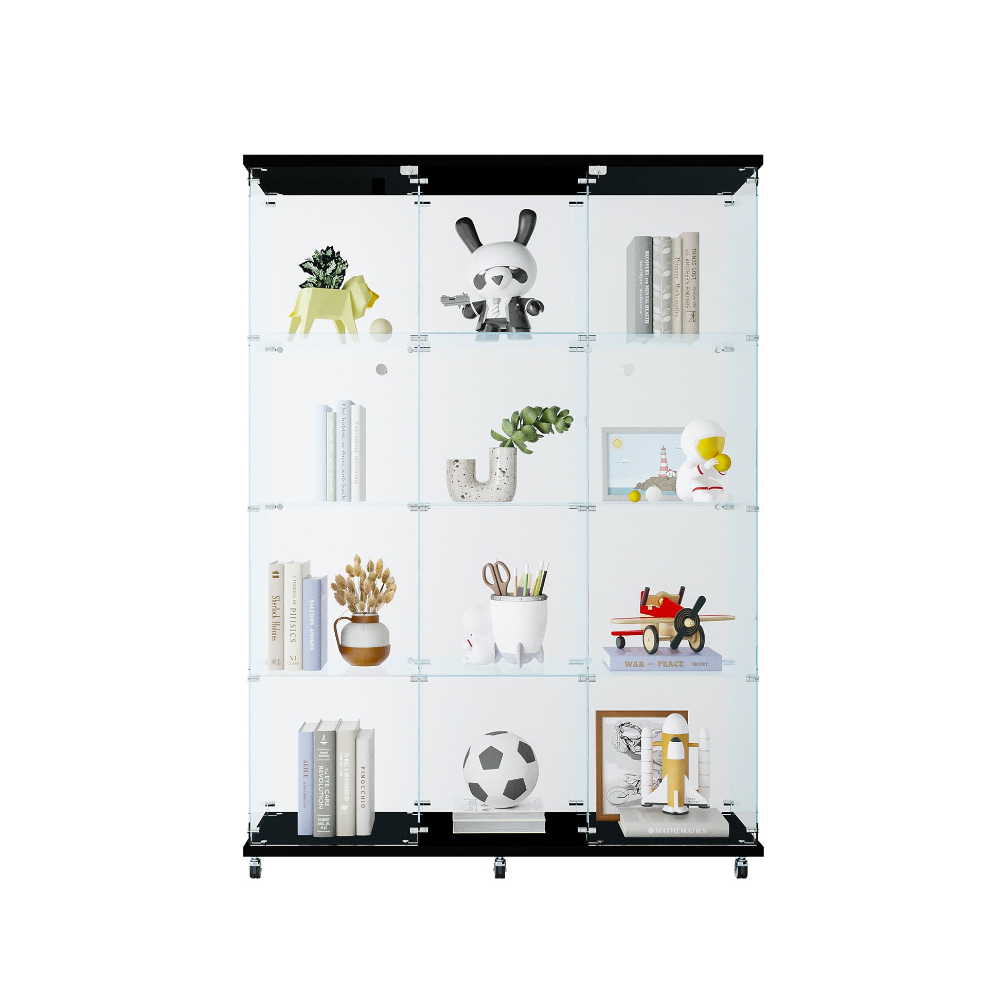 Glass Display Cabinet With 4 Shelves Extra Large, Curio Cabinets For Living Room, Bedroom, Office, Black Floor Standing Glass Bookshelf, Quick Installation Black Glass