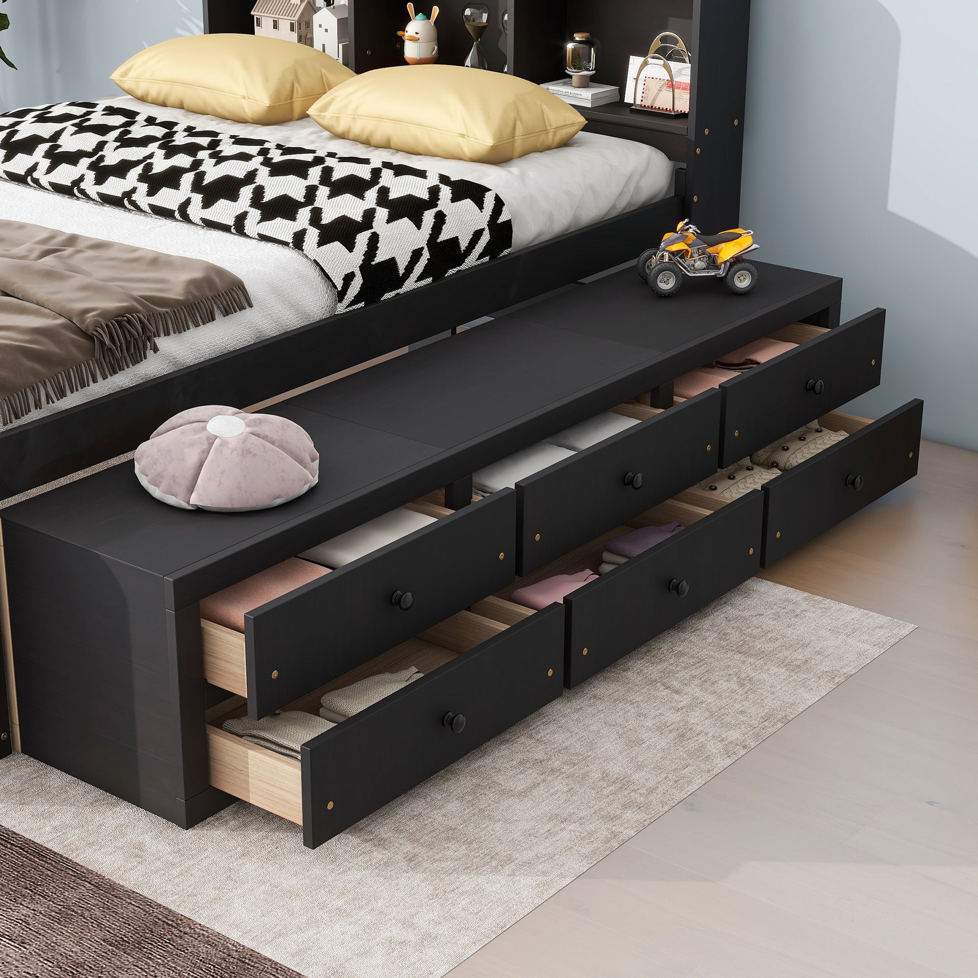 Full Bed With Bookcase Headboard, Under Bed Storage Drawers And Bed End Storage Case,Espresso Full Espresso American Design Pine