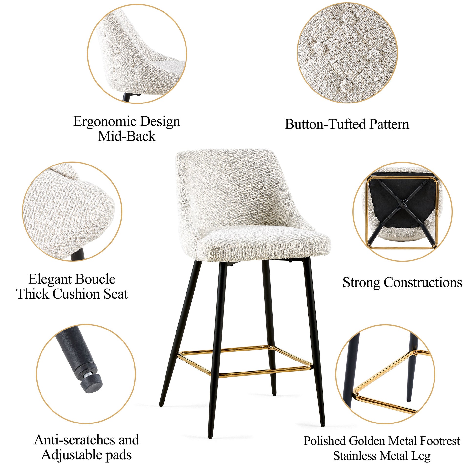 Beige Swivel Bar Chair Bar Stool And Metal Modern High Bar Furniture Set Of 2 Beige Primary Living Space Modern Boucle