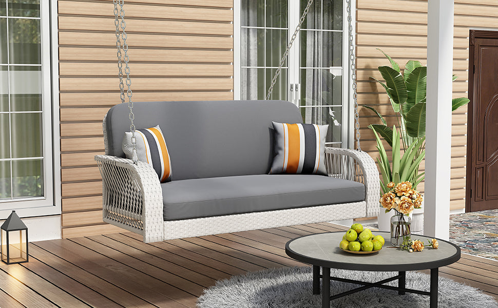 Pe Wicker Porch Swing, 2 Seater Hanging Bench With Chains, Patio Furniture Swing For Backyard Garden Poolside, White And Gray Grey White Foam Wicker