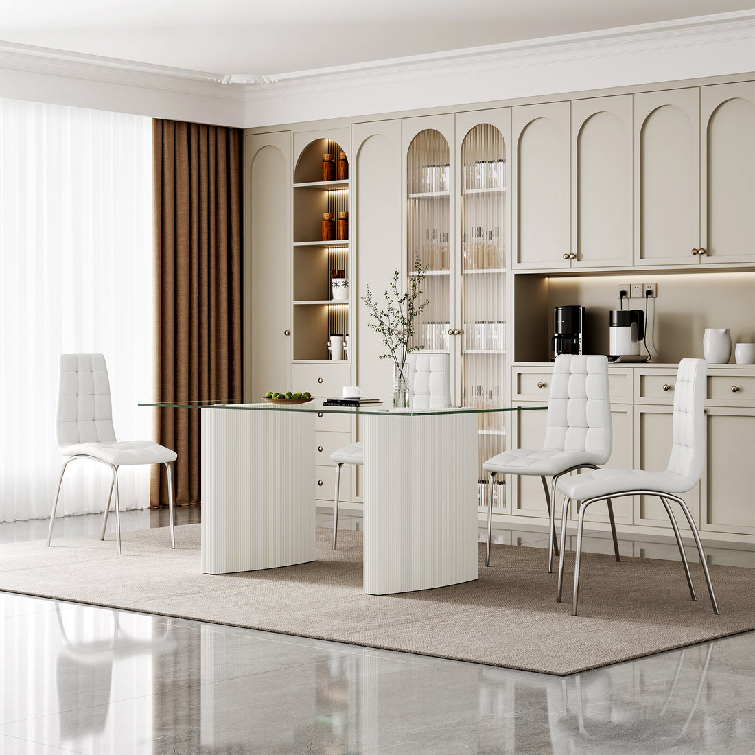 0.39" Thick Tempered Glass Top Dining Table With White Lacquer Double Mdf Pillar Transparent Mdf Glass