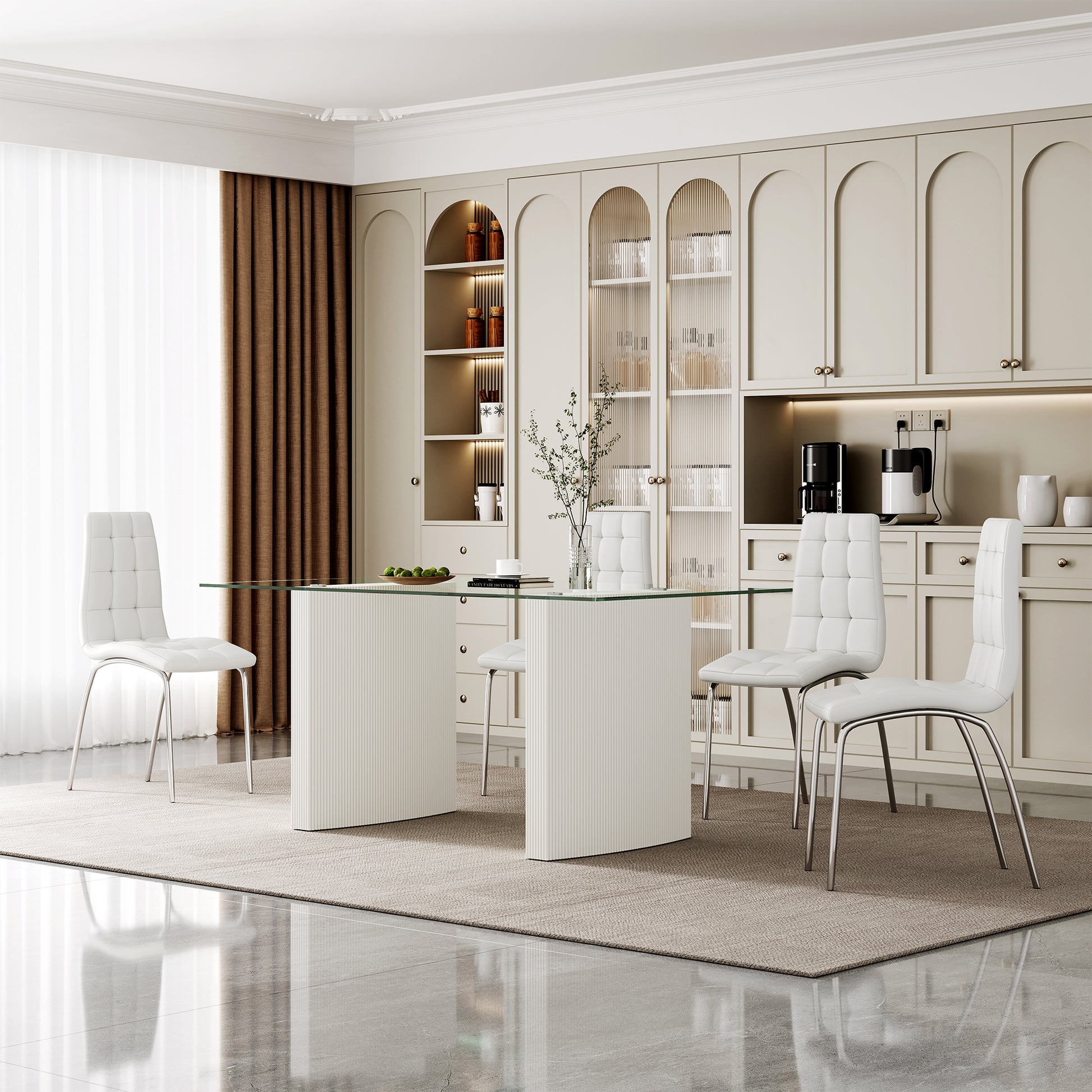 0.39" Thick Tempered Glass Top Dining Table With White Lacquer Double Mdf Pillar Transparent Mdf Glass