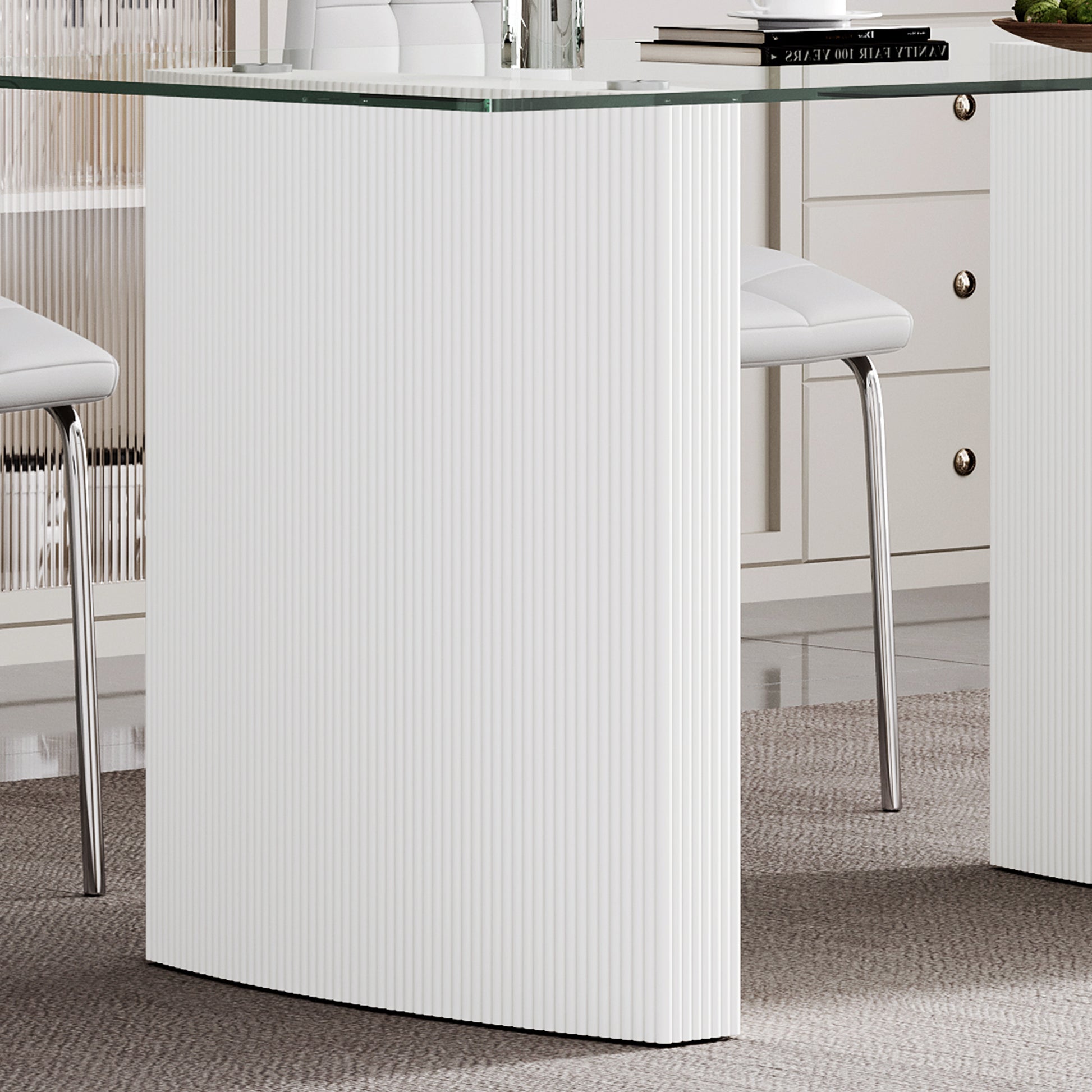 0.39" Thick Tempered Glass Top Dining Table With White Lacquer Double Mdf Pillar Transparent Mdf Glass