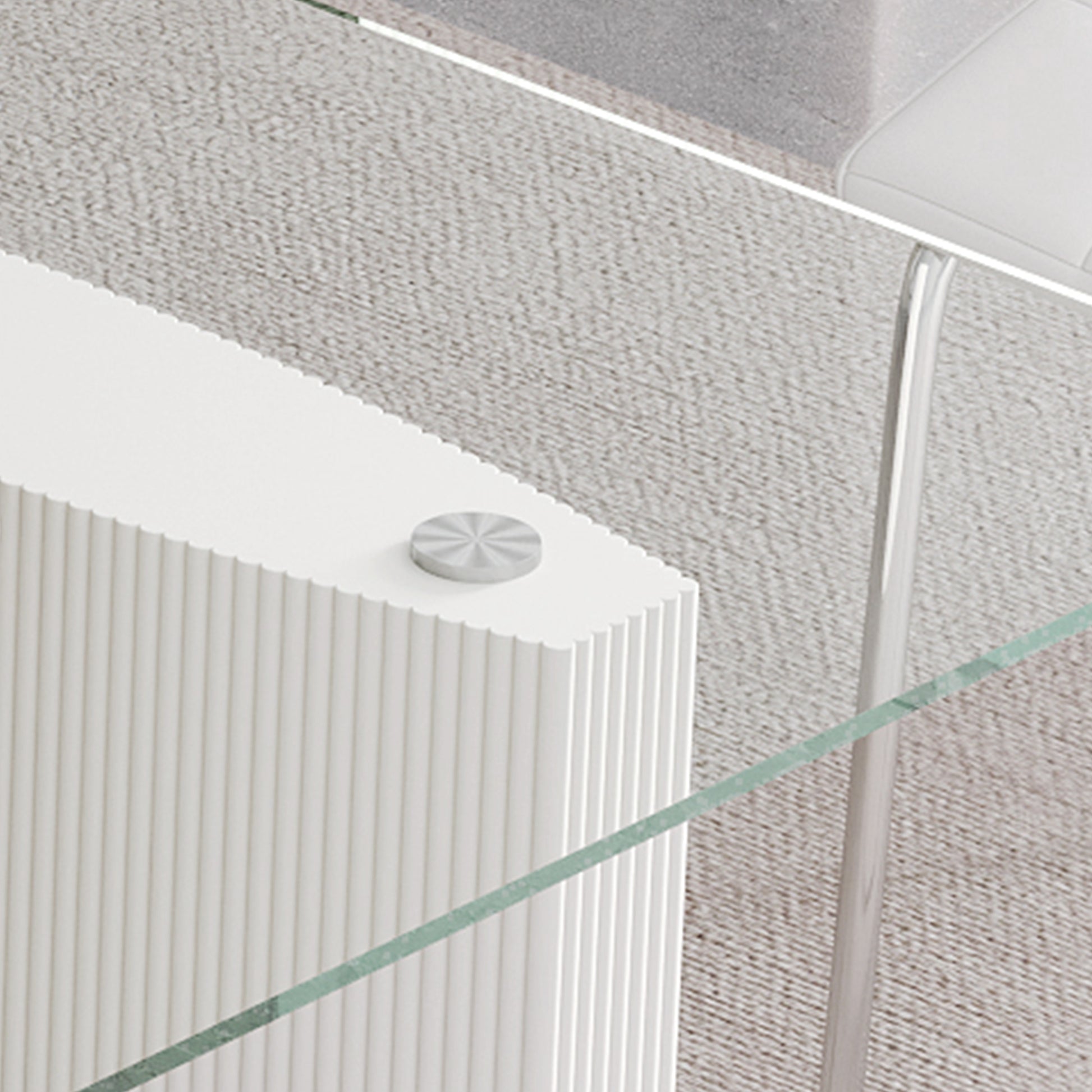 0.39" Thick Tempered Glass Top Dining Table With White Lacquer Double Mdf Pillar Transparent Mdf Glass