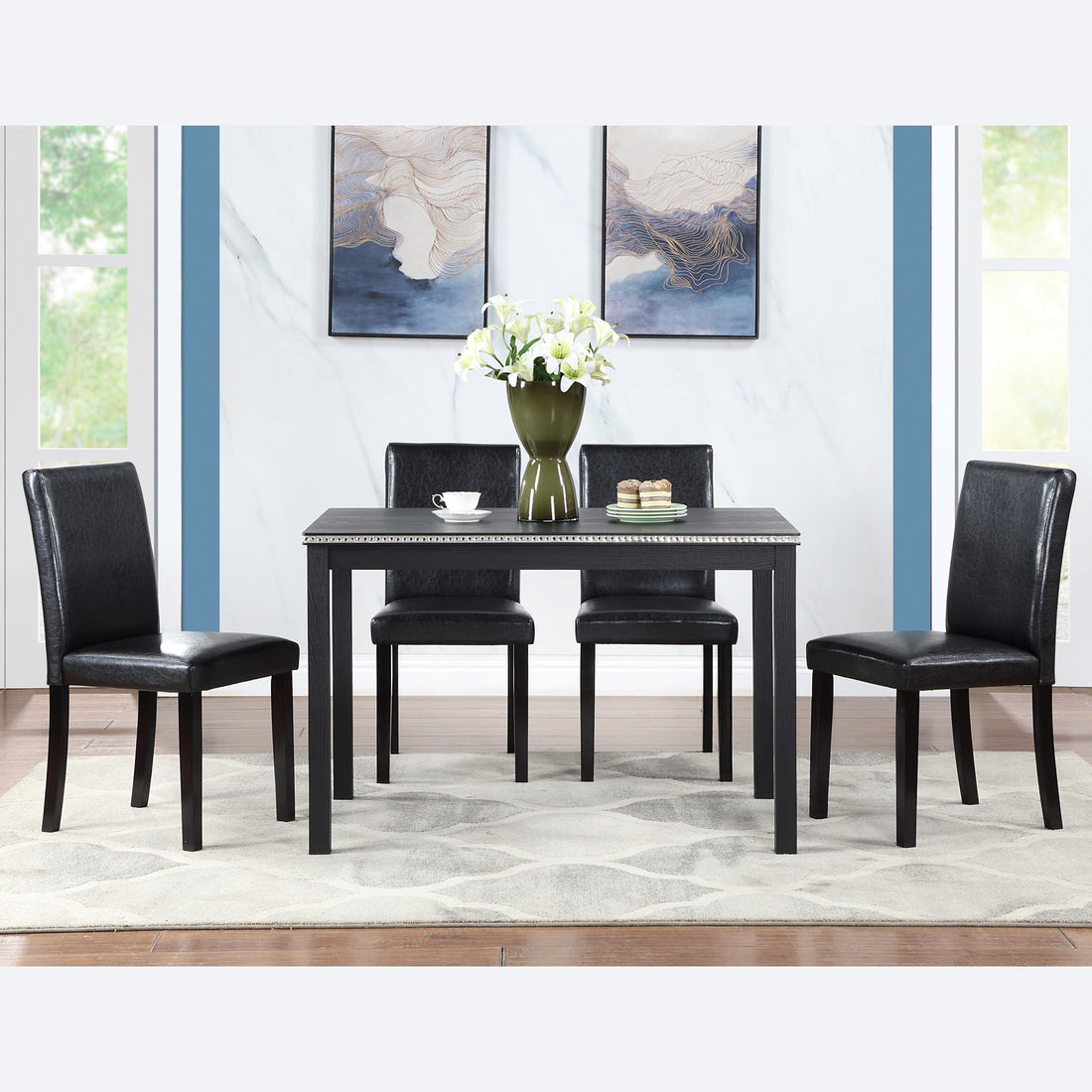5 Piece Wooden Dining Table Set, Kitchen Table Set With A Rectangular Table And 4 Upholstered Chairs, Wooden Dining Room Table With Crystal Decoration And Chairs Set For Kitchen, Dining Room, Black Black Seats 4 Dining Room Rectangular 4 Leg Rectangular