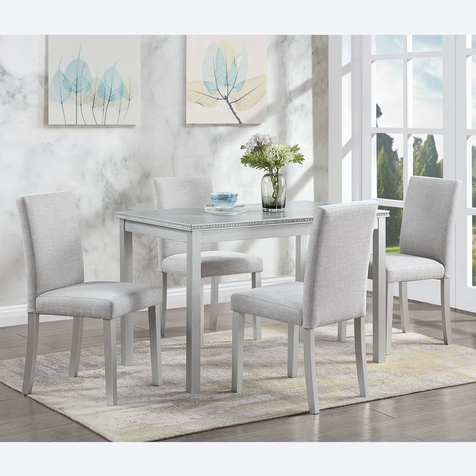 5 Piece Wooden Dining Table Set, Kitchen Table Set With A Rectangular Table And 4 Upholstered Chairs, Wooden Dining Room Table With Crystal Decoration And Chairs Set, Silver Grey Beige Silver Gray Seats 4 Dining Room Rectangular 4 Leg Rectangular Dining