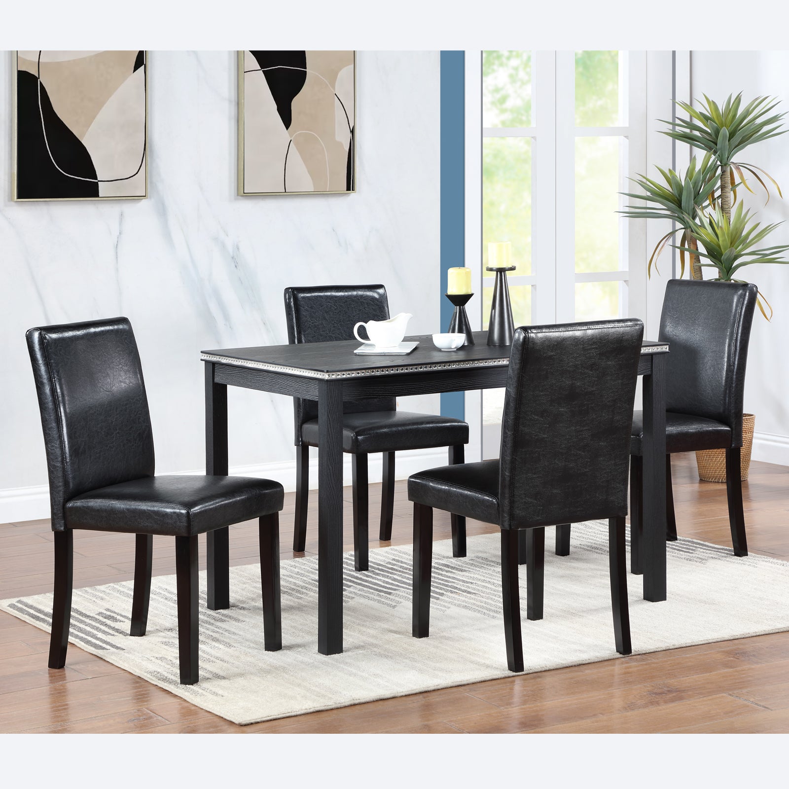 5 Piece Wooden Dining Table Set, Kitchen Table Set With A Rectangular Table And 4 Upholstered Chairs, Wooden Dining Room Table With Crystal Decoration And Chairs Set For Kitchen, Dining Room, Black Black Seats 4 Dining Room Rectangular 4 Leg Rectangular