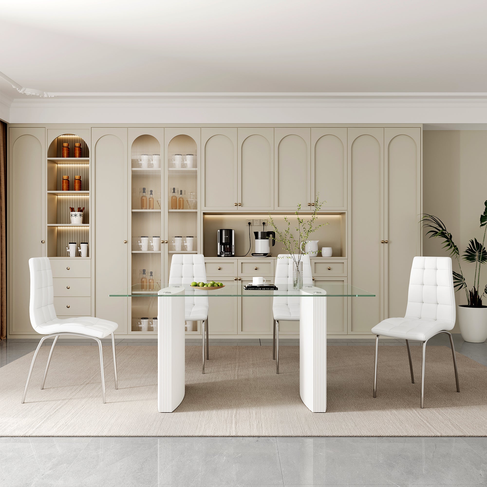 0.39" Thick Tempered Glass Top Dining Table With White Lacquer Double Mdf Pillar Transparent Mdf Glass