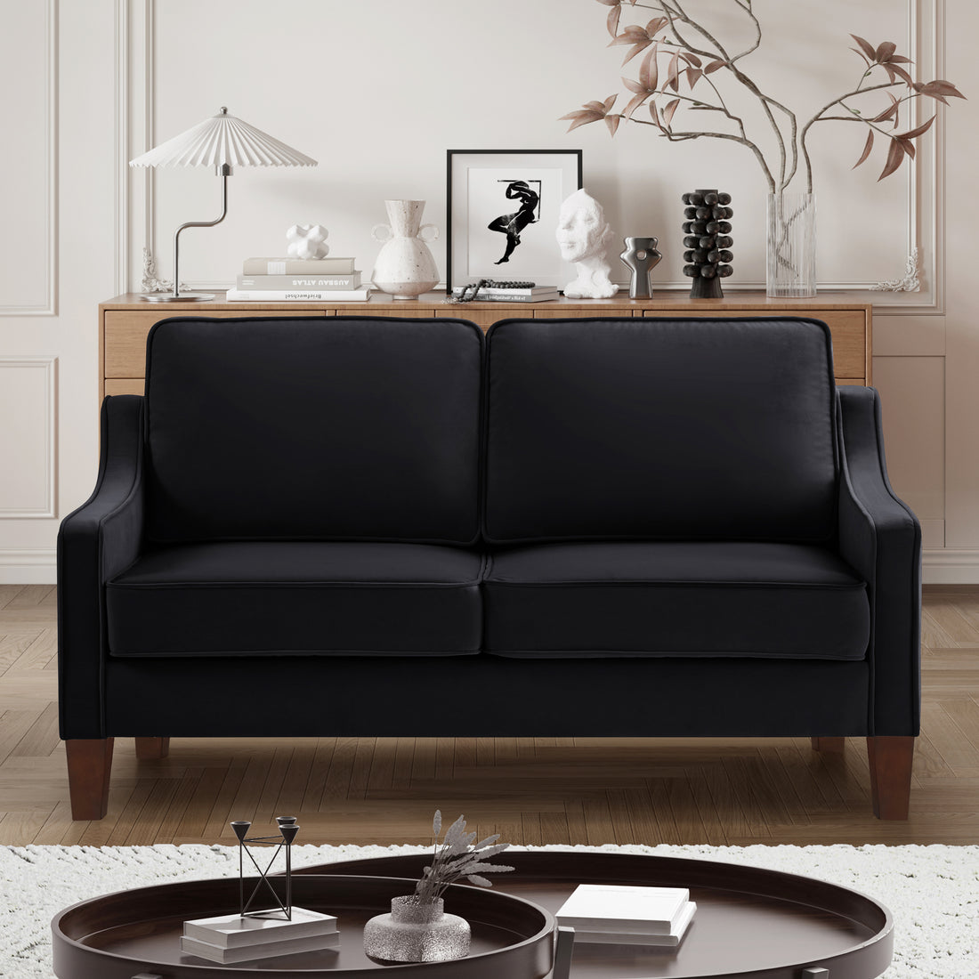 Modern Loveseat Sofa For Living Room, Upholstered Velvet Small Couch With Wooden Legs For Livingroom Bedroom, Black Black Espresso Velvet Wood Primary Living Space Medium Soft Cushion Back American Design Rubberwood Square Arms Foam Velvet 2 Seat