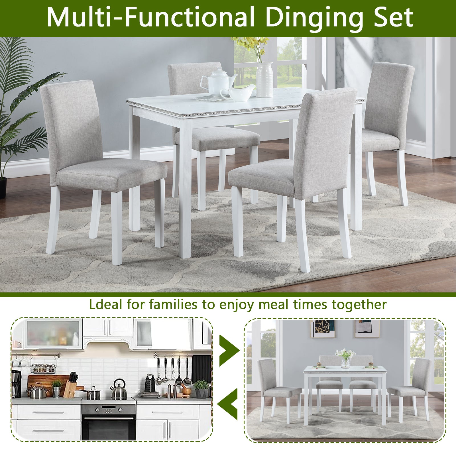5 Piece Wooden Dining Table Set, Kitchen Table Set With A Rectangular Table And 4 Upholstered Chairs, Wooden Dining Room Table With Crystal Decoration And Chairs Set For Kitchen, Dining Room, White Beige White Seats 4 Dining Room 4 Leg Rectangular Solid