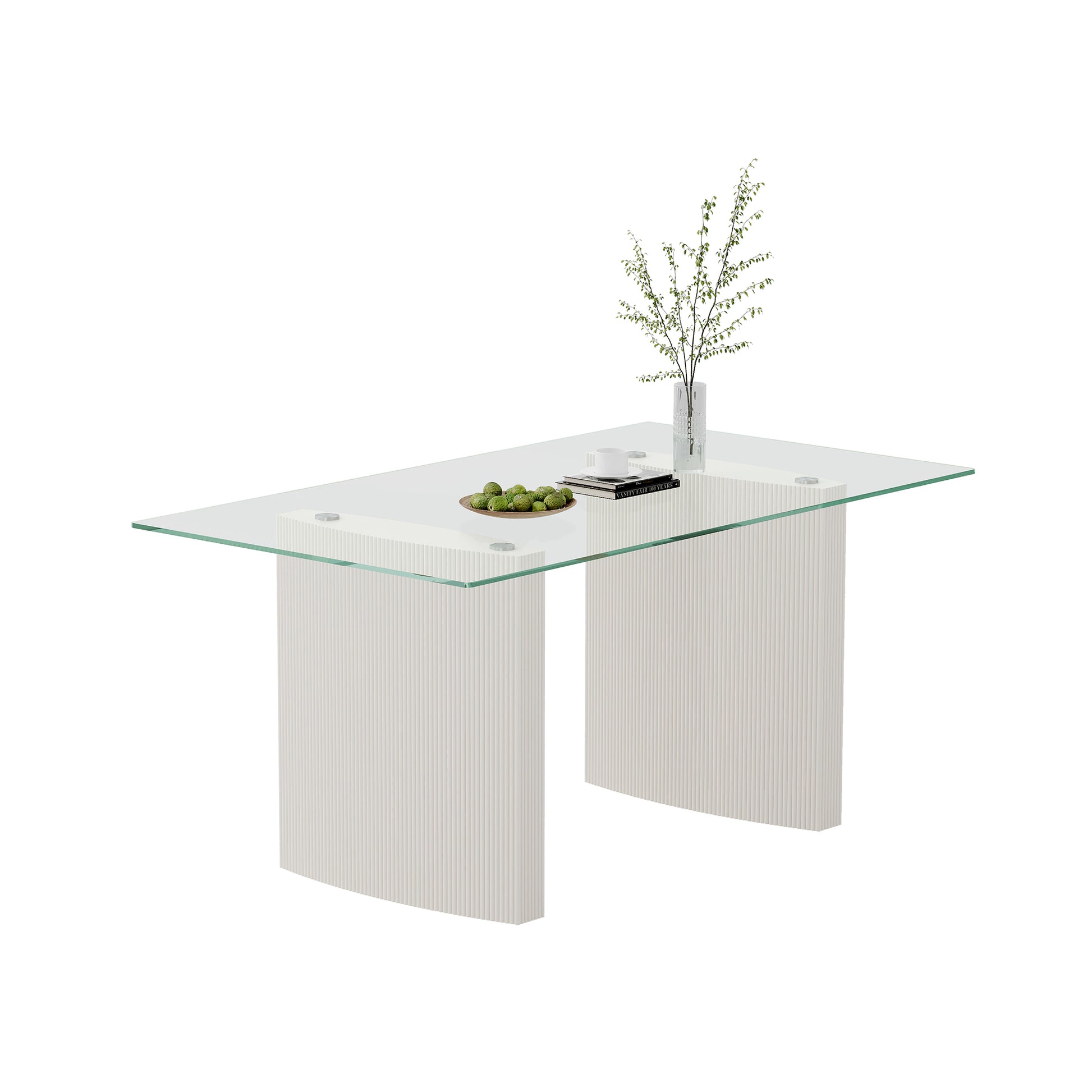 0.39" Thick Tempered Glass Top Dining Table With White Lacquer Double Mdf Pillar Transparent Mdf Glass