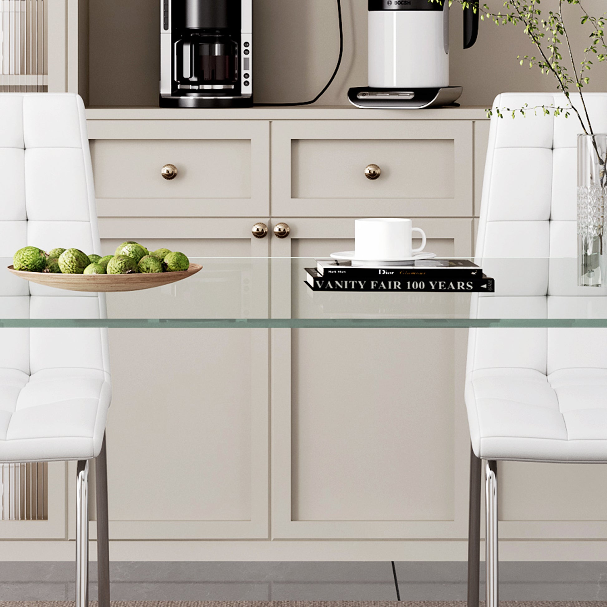 0.39" Thick Tempered Glass Top Dining Table With White Lacquer Double Mdf Pillar Transparent Mdf Glass