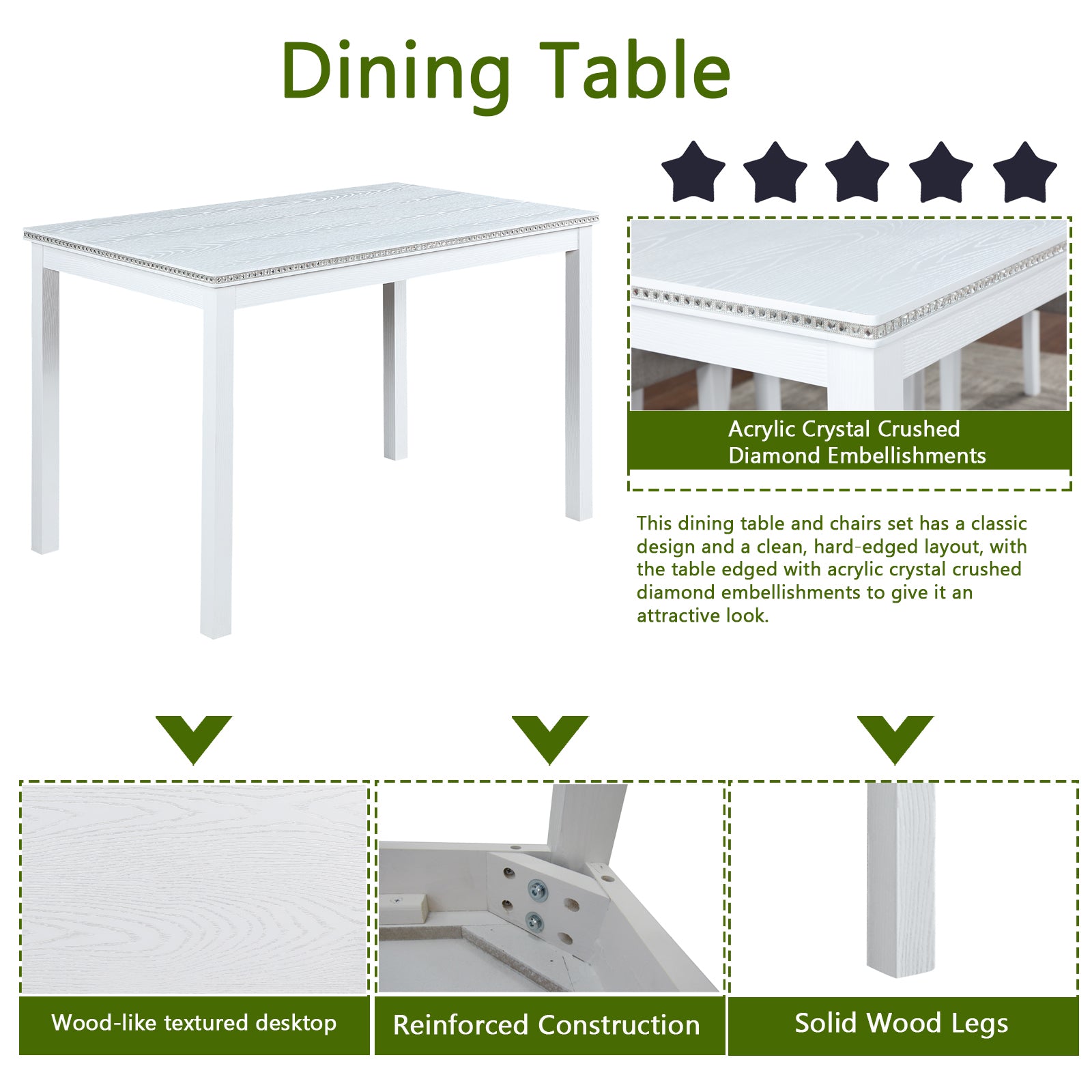 5 Piece Wooden Dining Table Set, Kitchen Table Set With A Rectangular Table And 4 Upholstered Chairs, Wooden Dining Room Table With Crystal Decoration And Chairs Set For Kitchen, Dining Room, White Beige White Seats 4 Dining Room 4 Leg Rectangular Solid