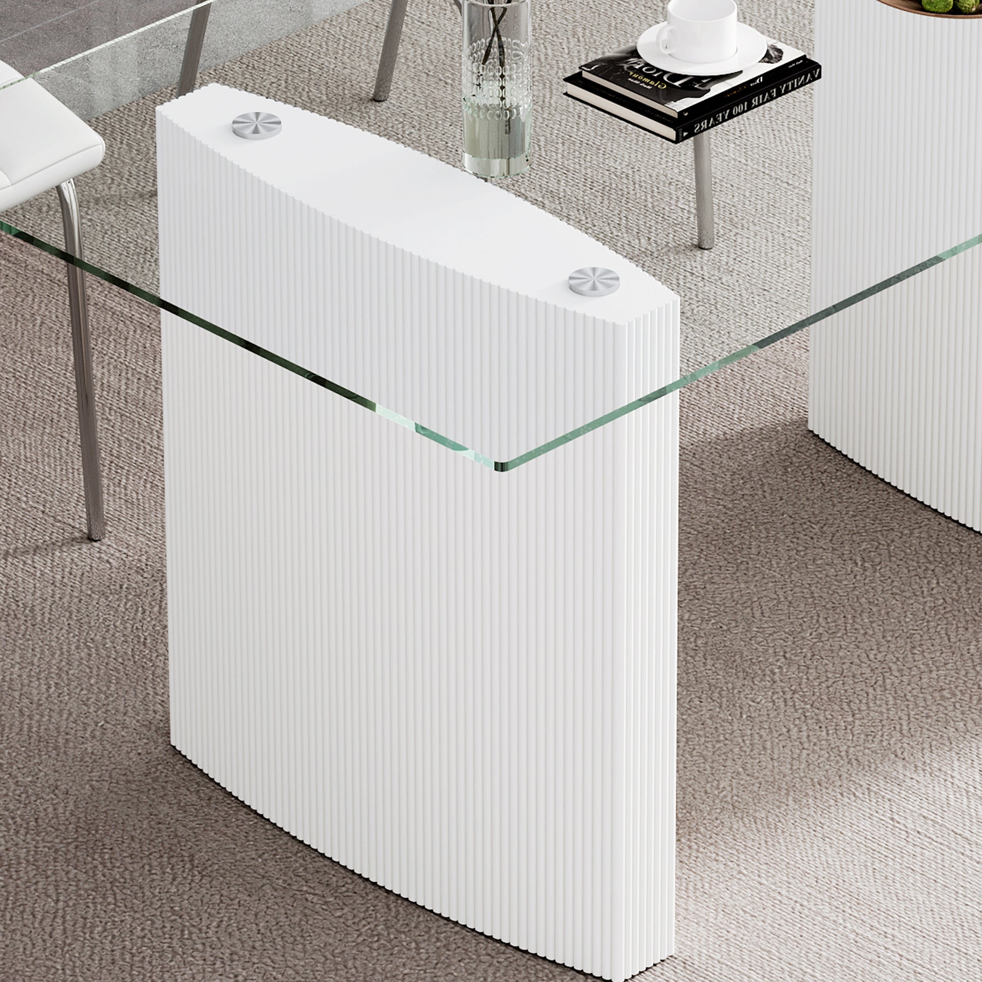 0.39" Thick Tempered Glass Top Dining Table With White Lacquer Double Mdf Pillar Transparent Mdf Glass