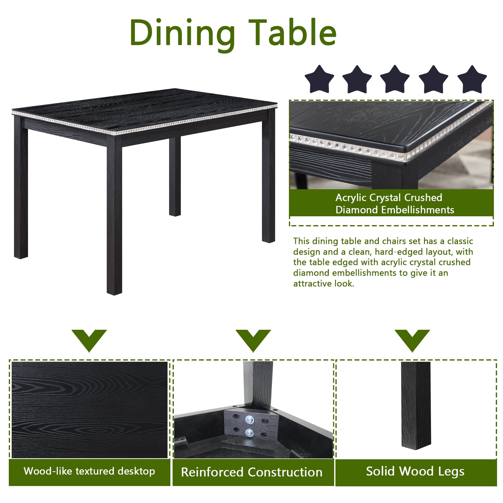 5 Piece Wooden Dining Table Set, Kitchen Table Set With A Rectangular Table And 4 Upholstered Chairs, Wooden Dining Room Table With Crystal Decoration And Chairs Set For Kitchen, Dining Room, Black Black Seats 4 Dining Room Rectangular 4 Leg Rectangular