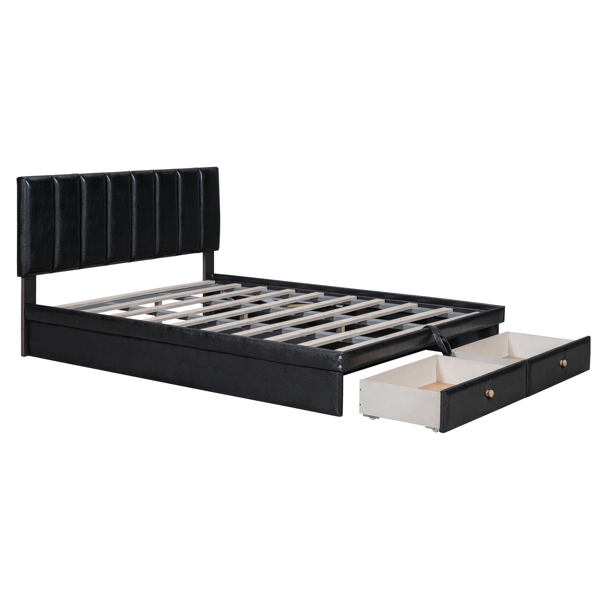 Full Size Upholstered Bed With Hydraulic Storage System And Drawer, Black Black Pu Leather