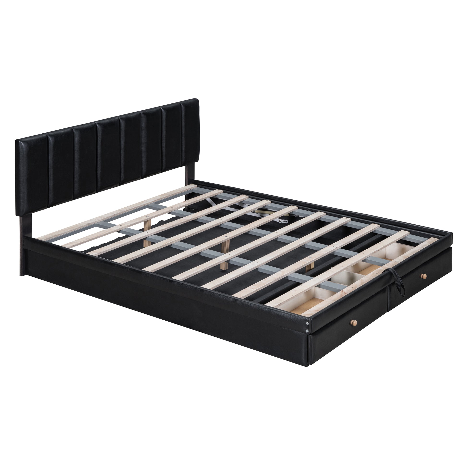 Queen Size Upholstered Bed With Hydraulic Storage System And Drawer, Black Black Pu Leather